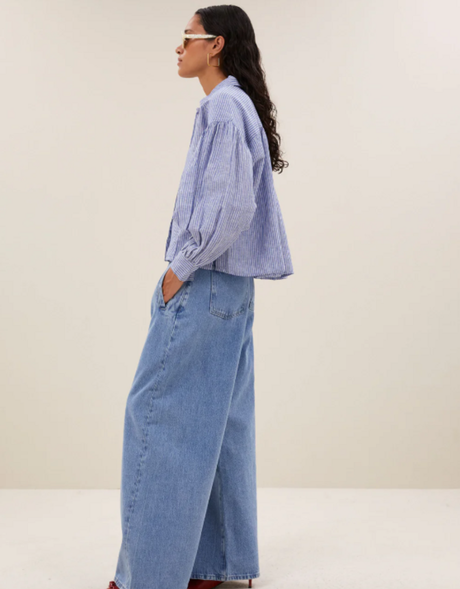 By Bar Sarah Short Linen Blouse Blue Stripe