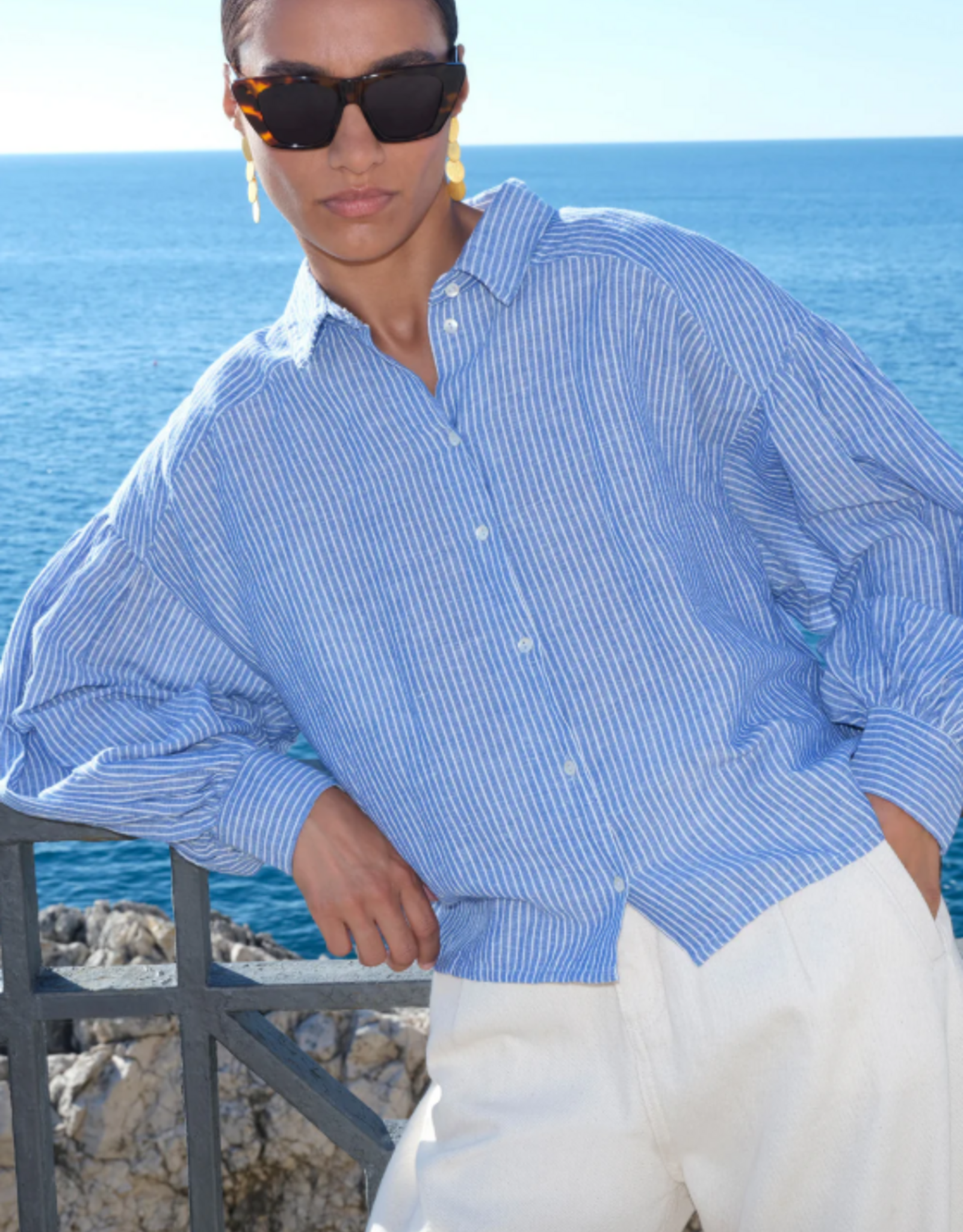 By Bar Sarah Short Linen Blouse Blue Stripe