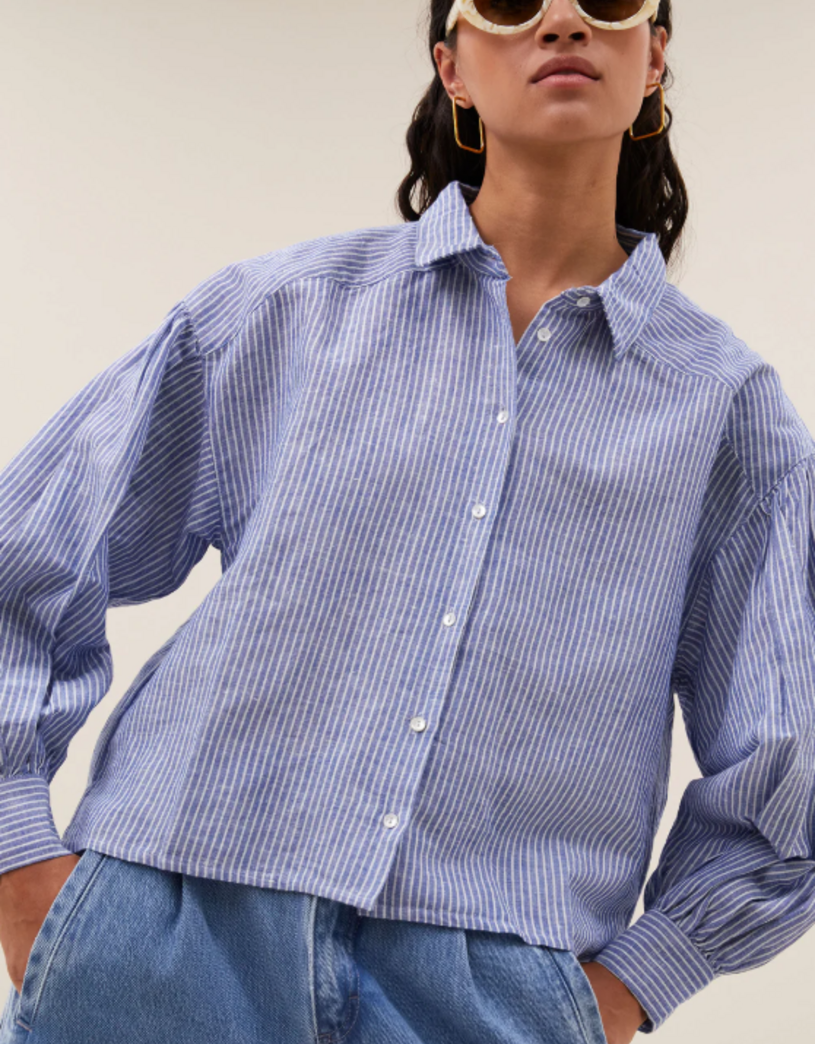 By Bar Sarah Short Linen Blouse Blue Stripe