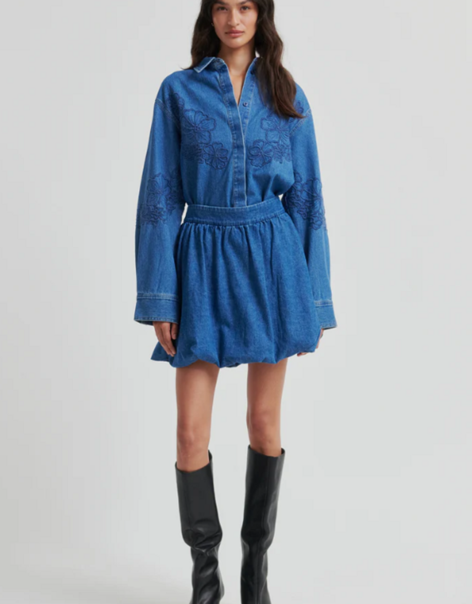 Second Female Cornelia Denim Mini Balloon Skirt Blue Denim