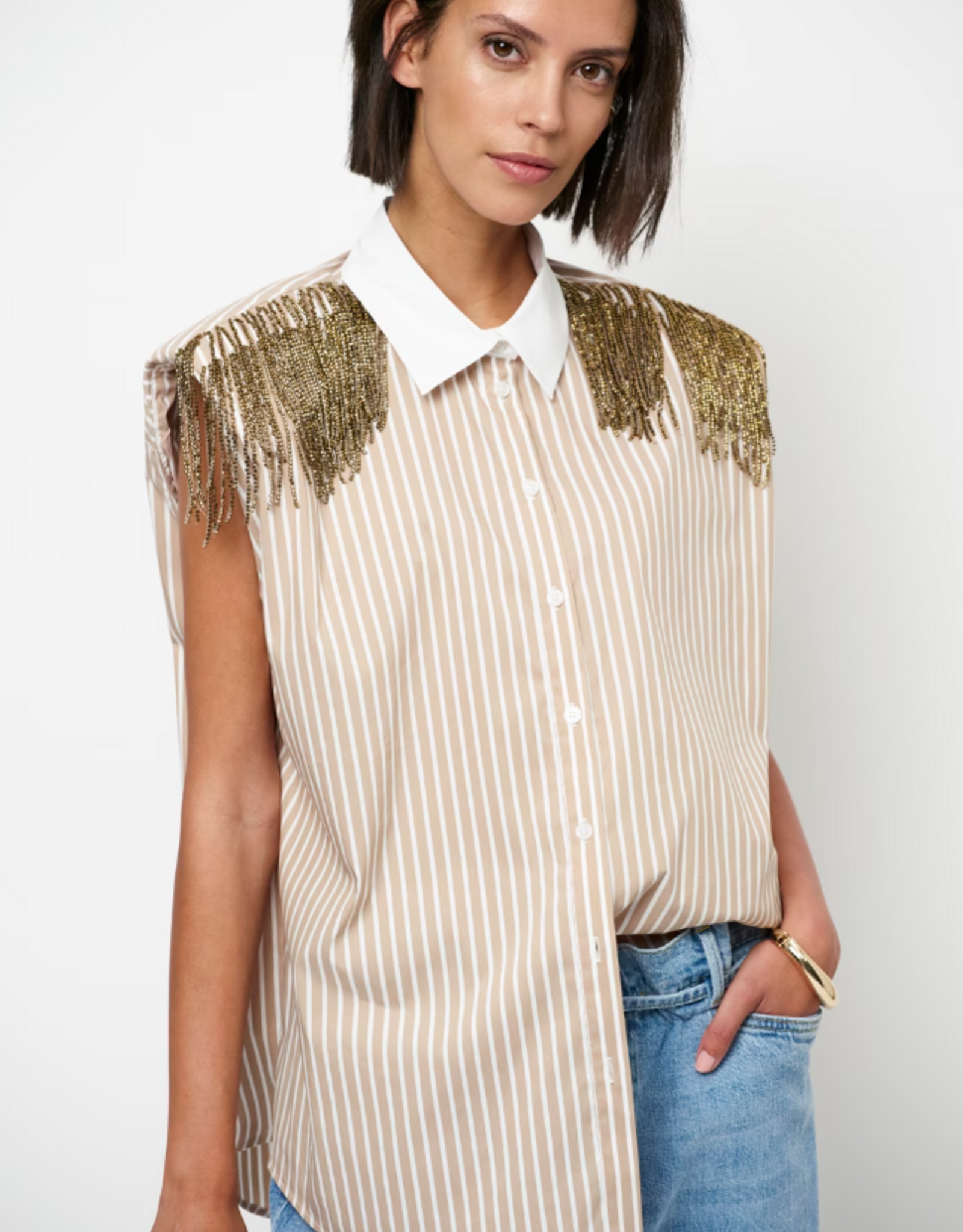 Dante 6 Rhobin Sleeveless Fringe Detail Shirt Sand Beige