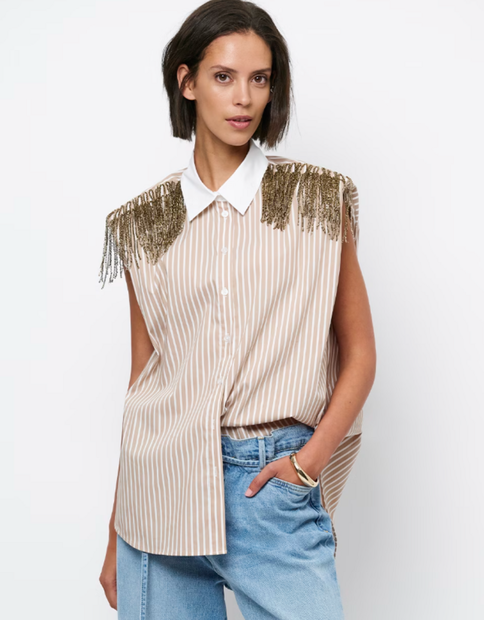 Dante 6 Rhobin Sleeveless Fringe Detail Shirt Sand Beige