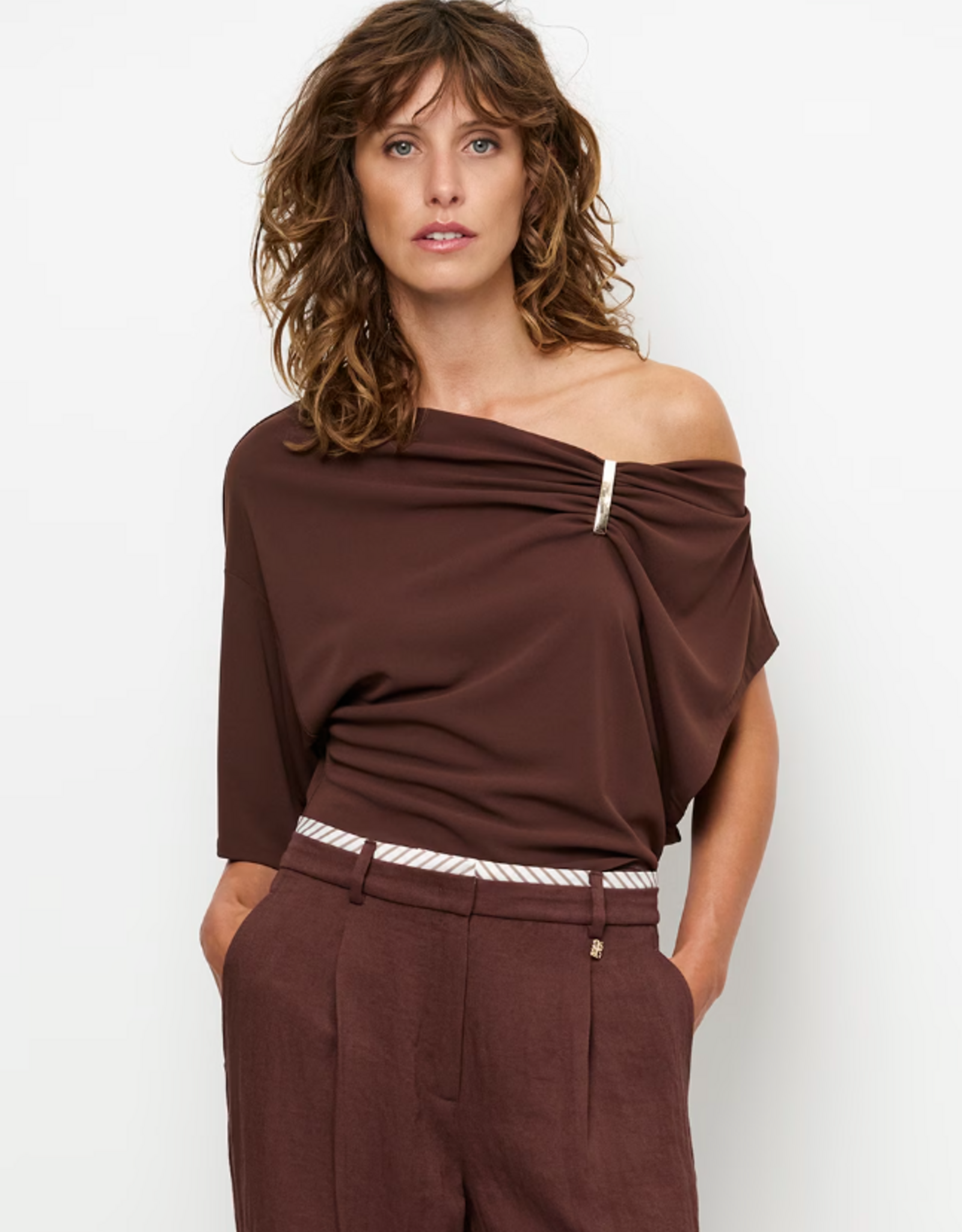 Dante 6 Gou Embellished Drapery Top Chocolate Brown