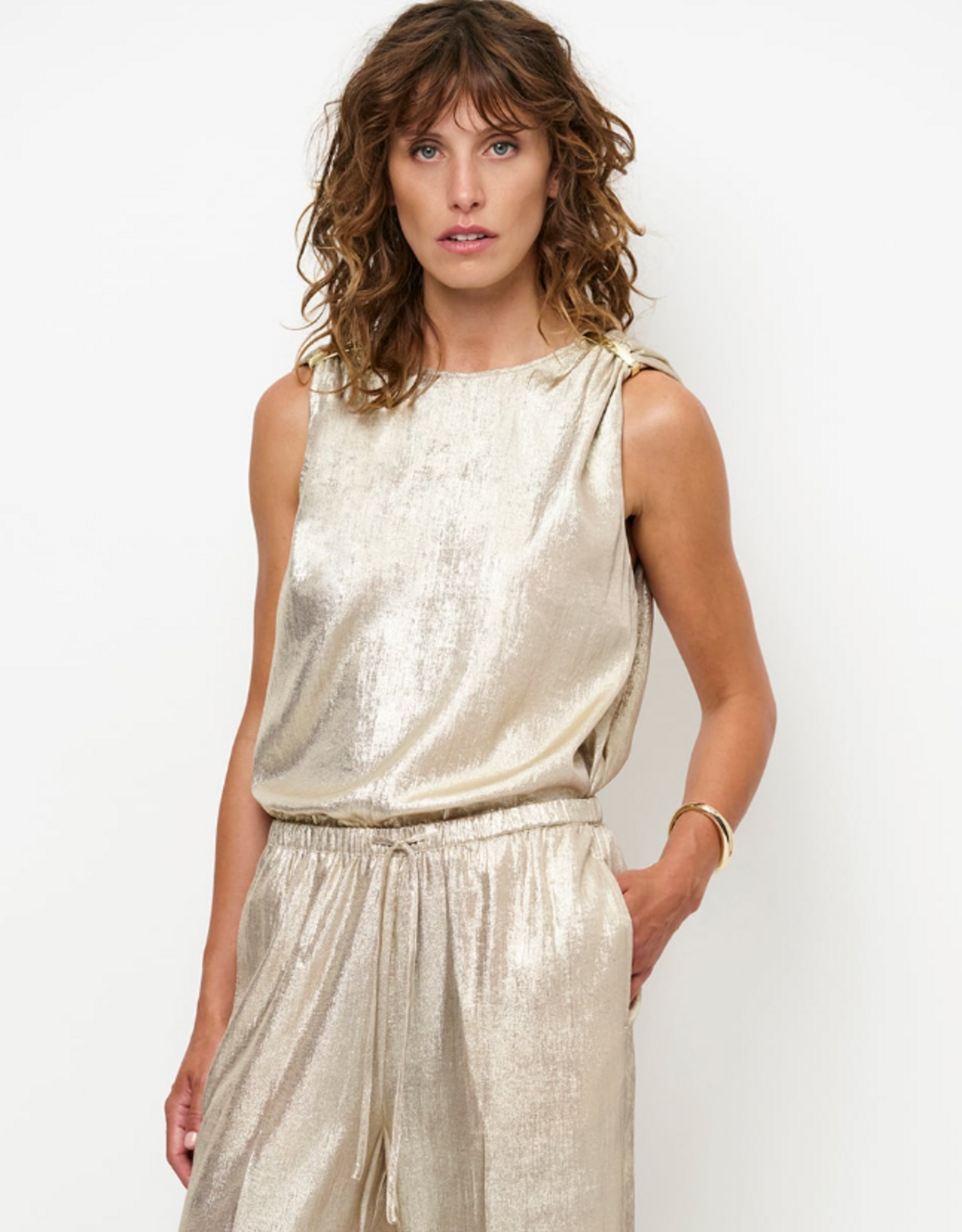 Dante 6 Aurora Embellished Metallic Top Porcelain Beige