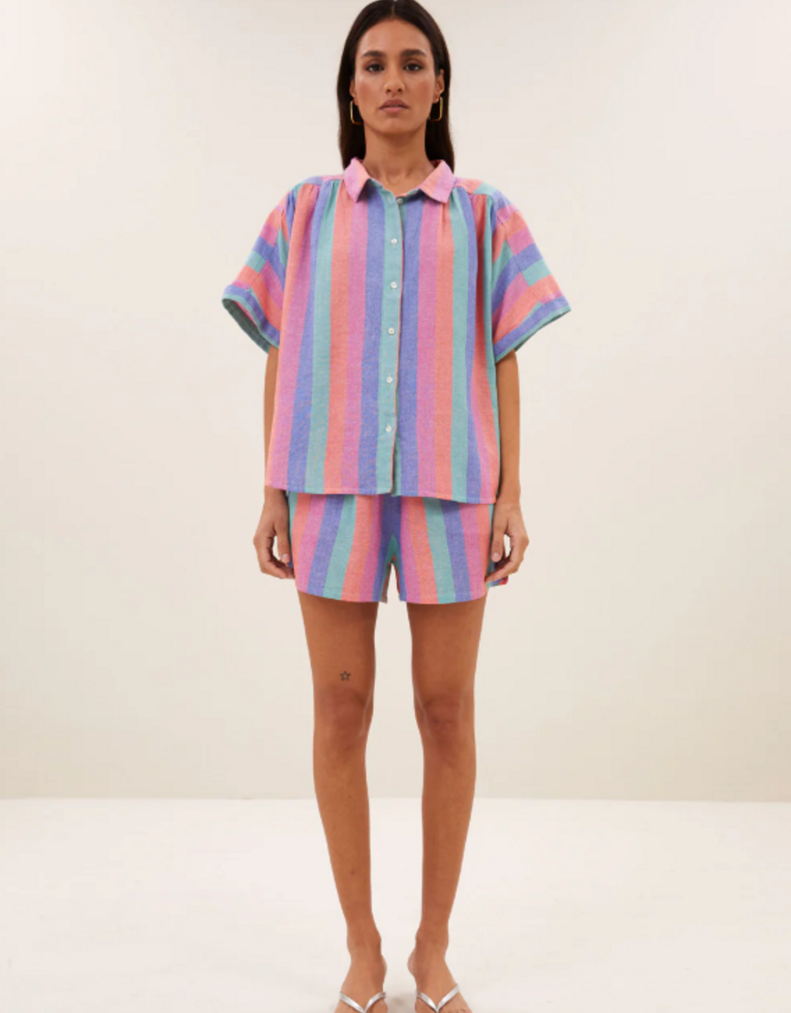 By Bar Sunny Rainbow  Stripe Pleats Blouse