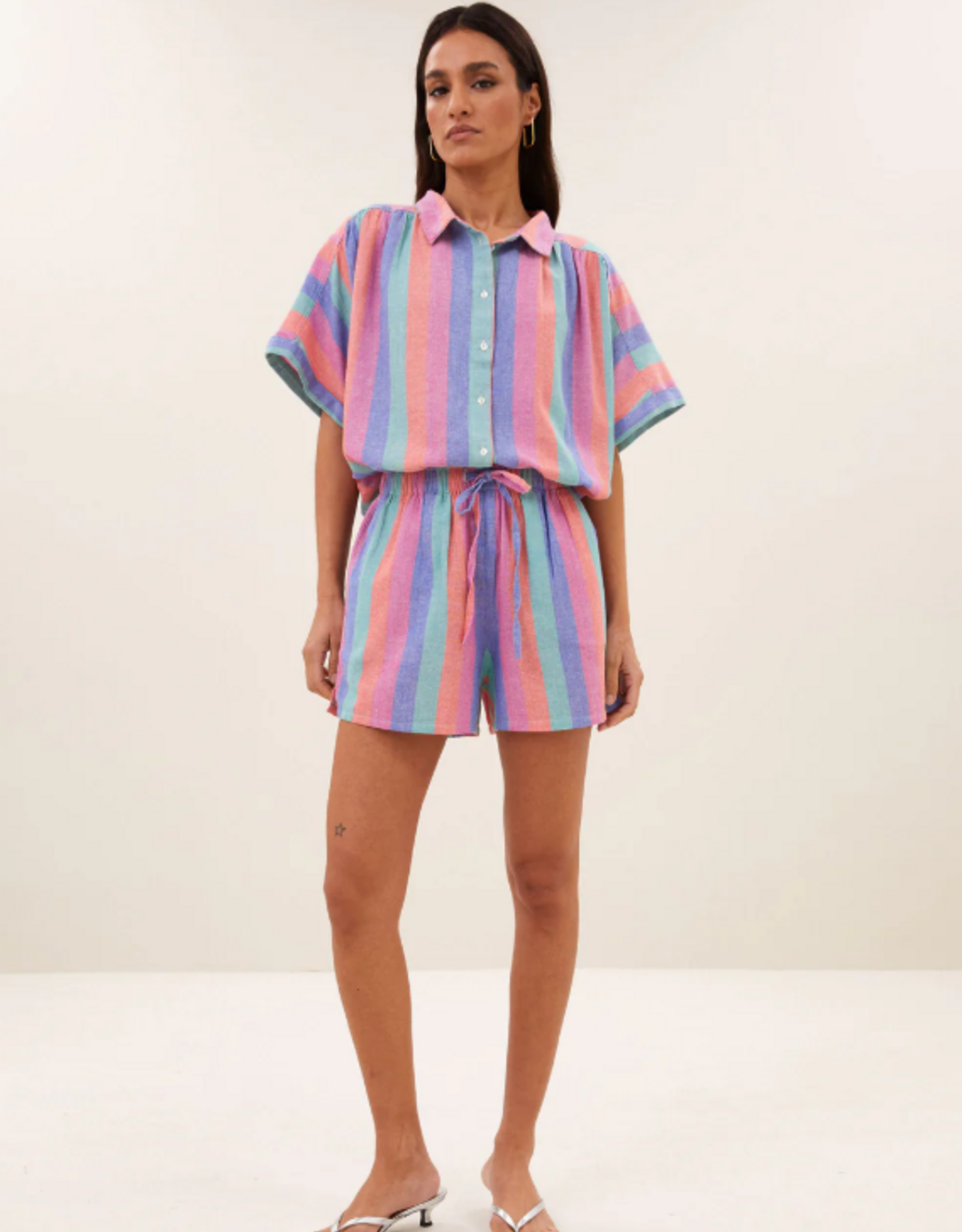 By Bar Sunny Rainbow  Stripe Pleats Blouse