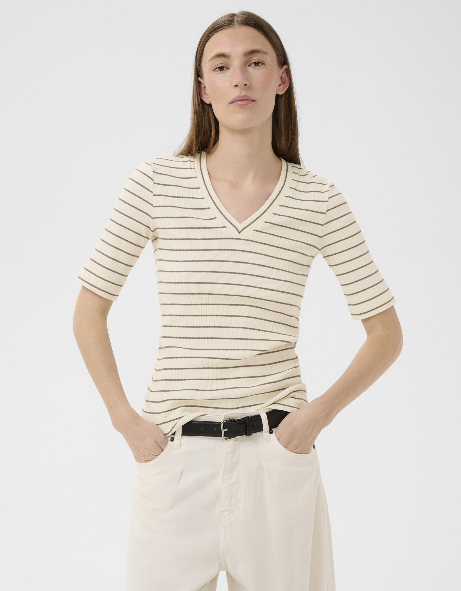 InWear Dagna Striped V T-Shirt Vanilla / Coffee Quartz