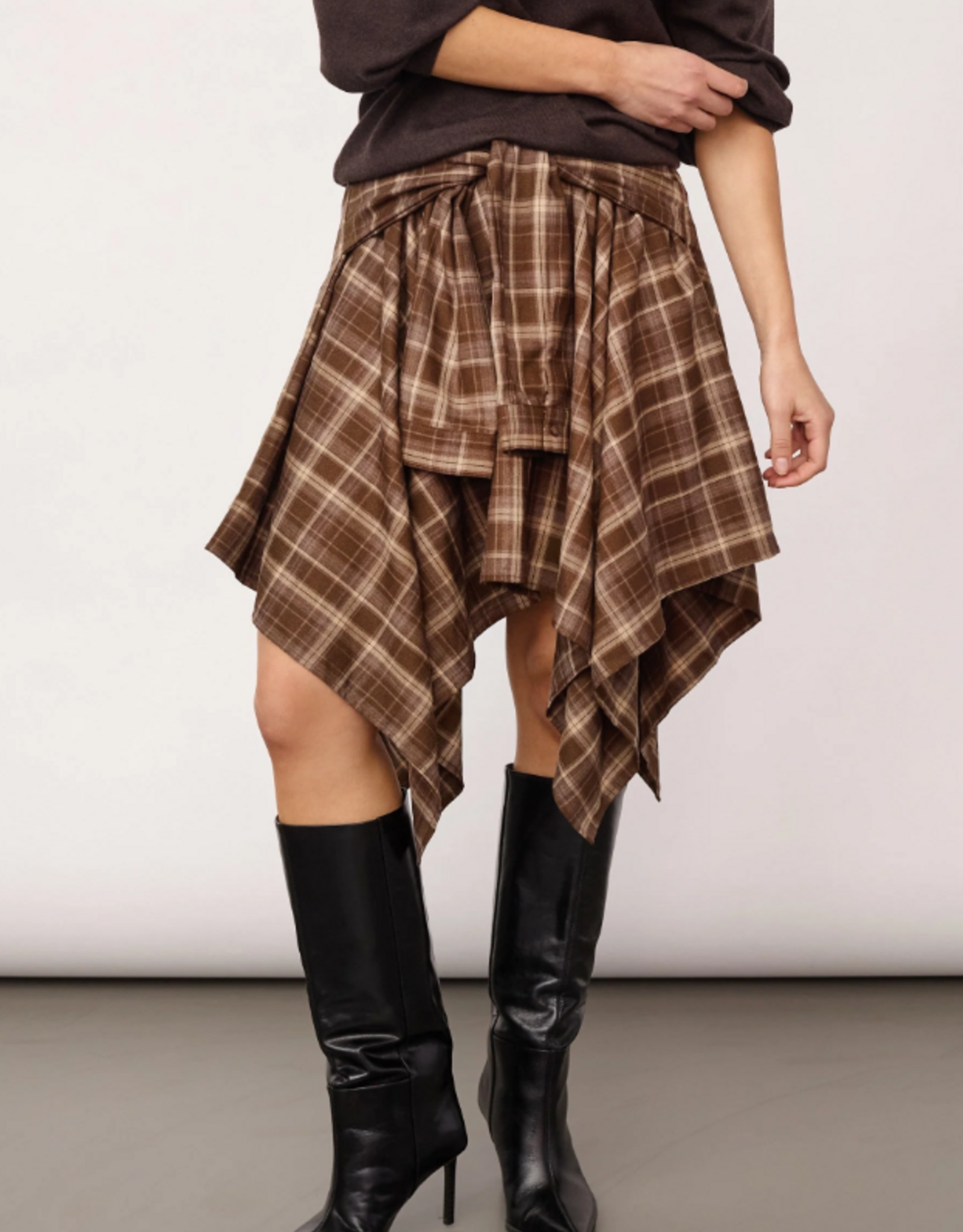Co'Couture Dagny Check Tie Skirt Brown