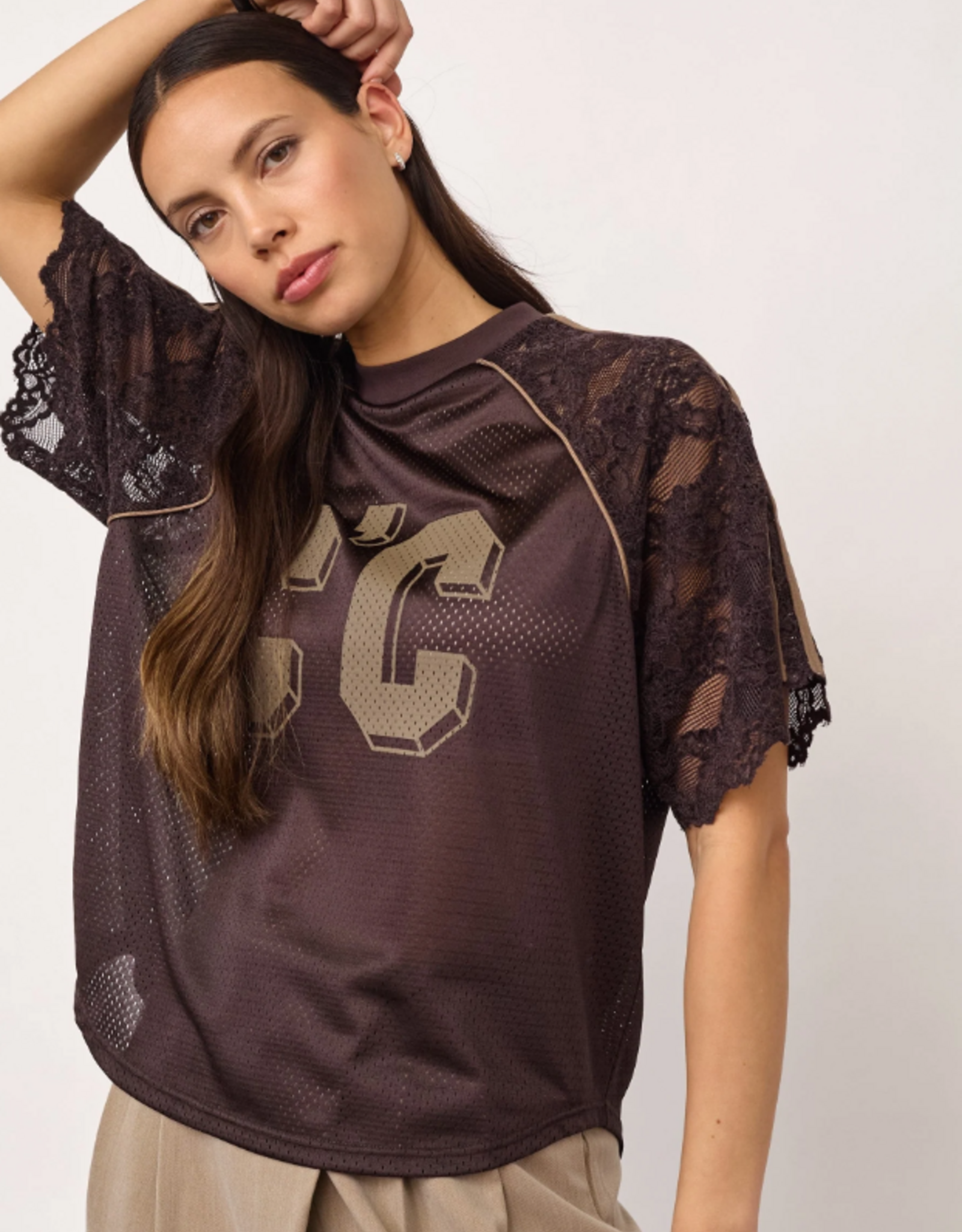 Co'Couture Trey Logo Lace Tee Dark Brown