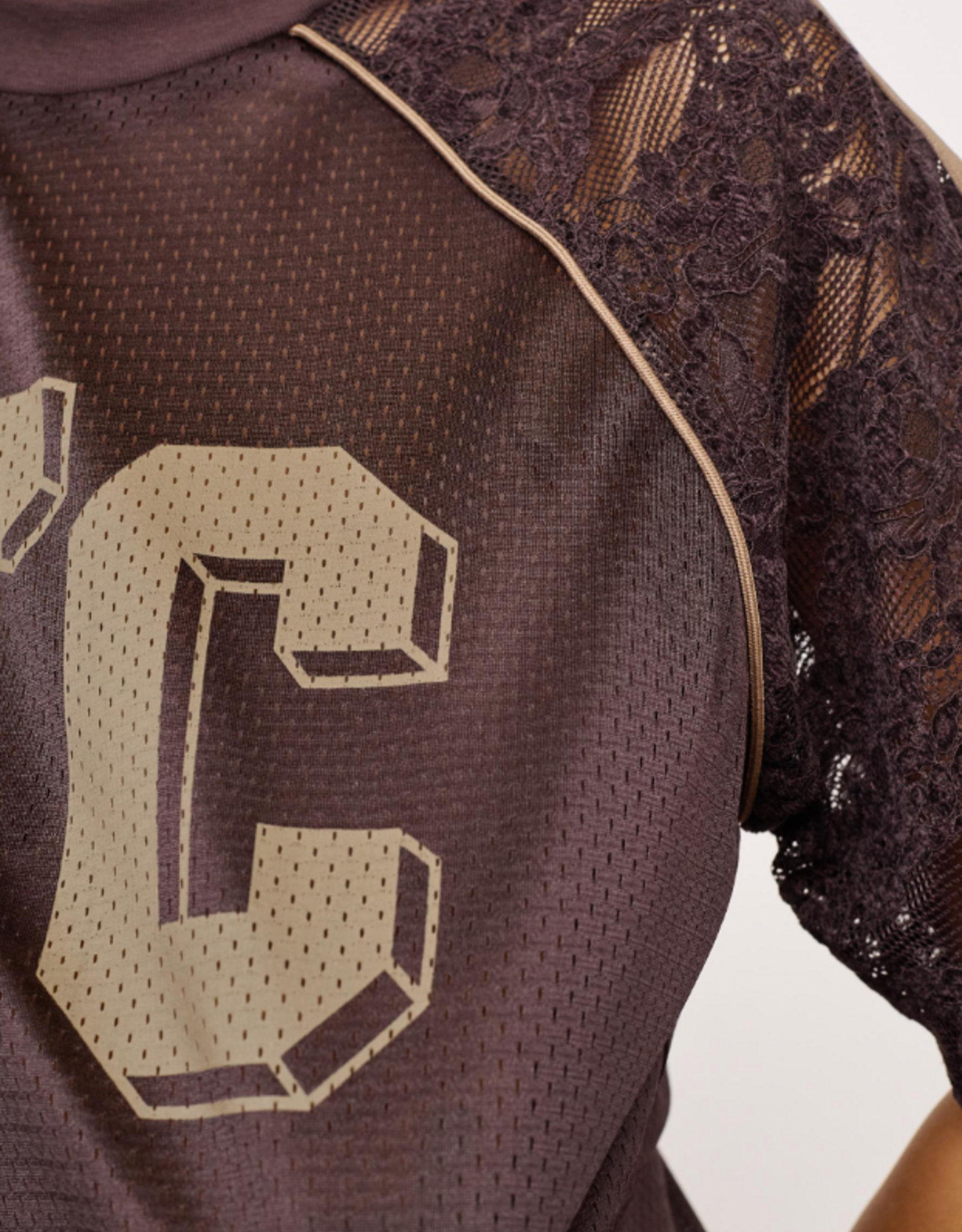 Co'Couture Trey Logo Lace Tee Dark Brown