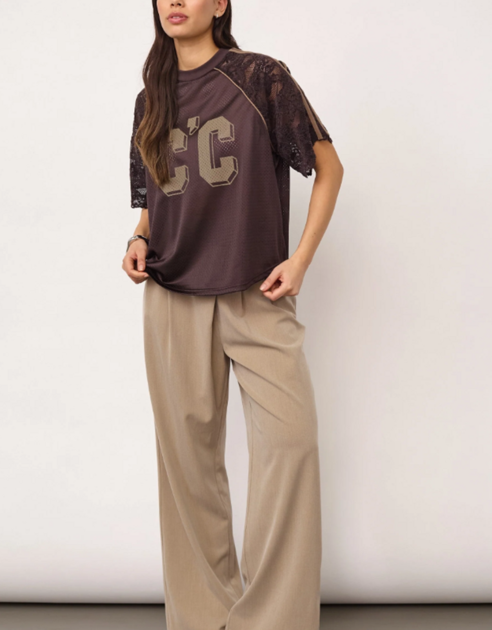 Co'Couture Trey Logo Lace Tee Dark Brown
