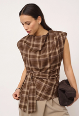 Co'Couture Dagny Check Pleat Top Brown