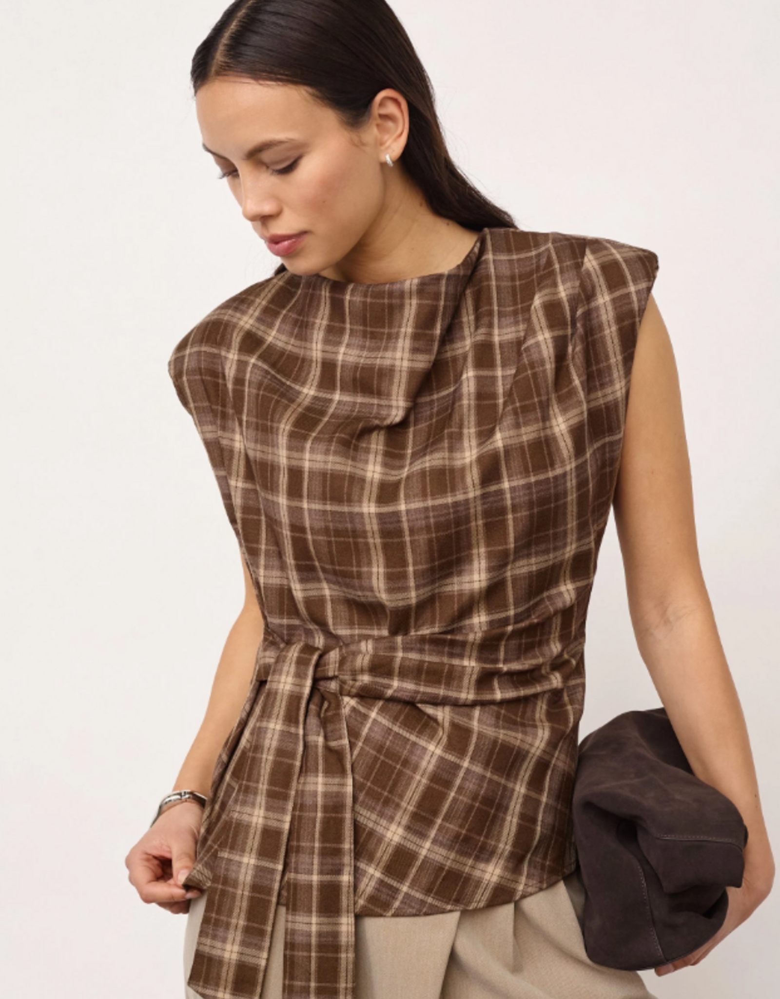 Co'Couture Dagny Check Pleat Top Brown