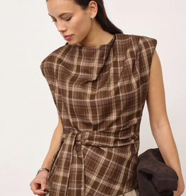 Co'Couture Dagny Check Pleat Top Brown