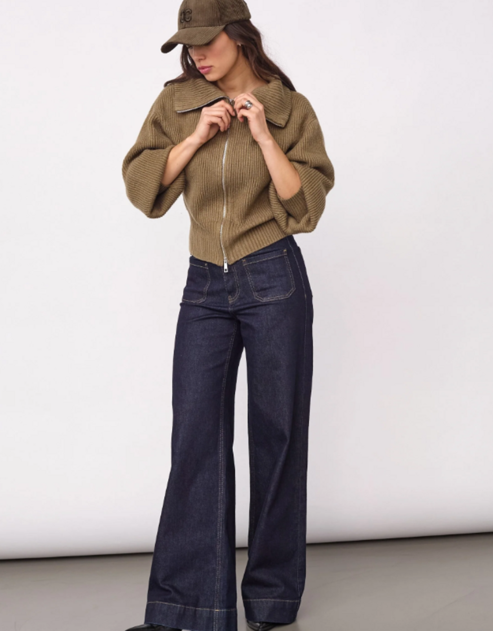 Co'Couture Row Zip Knit Cardigan Army