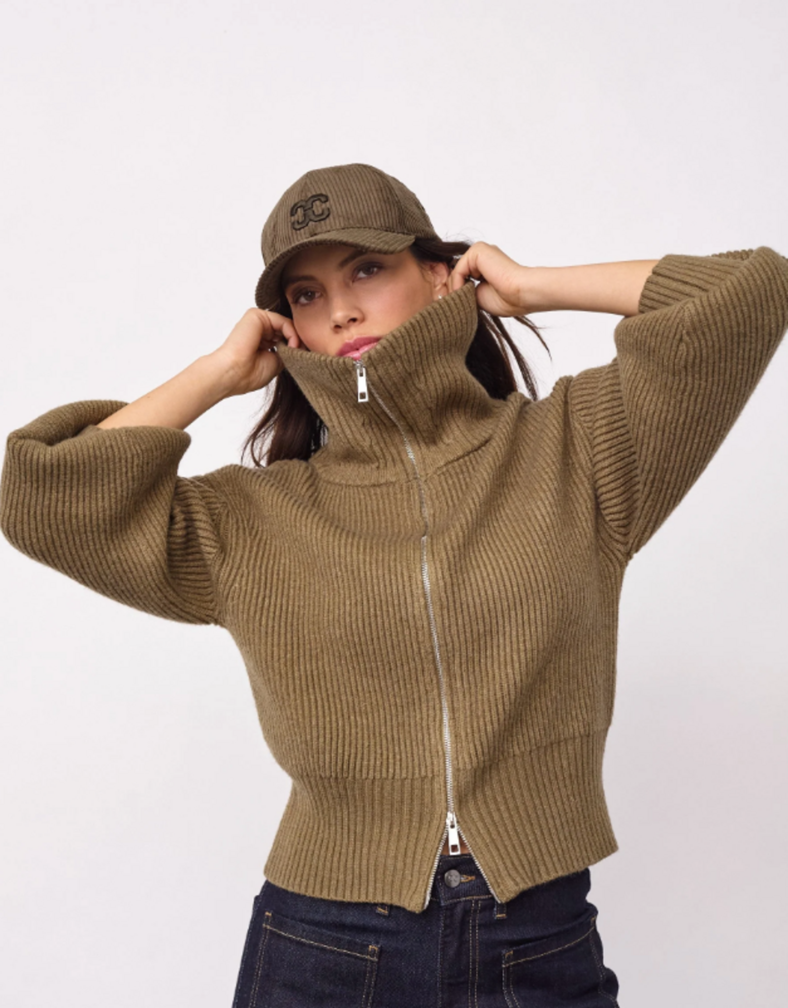 Co'Couture Row Zip Knit Cardigan Army