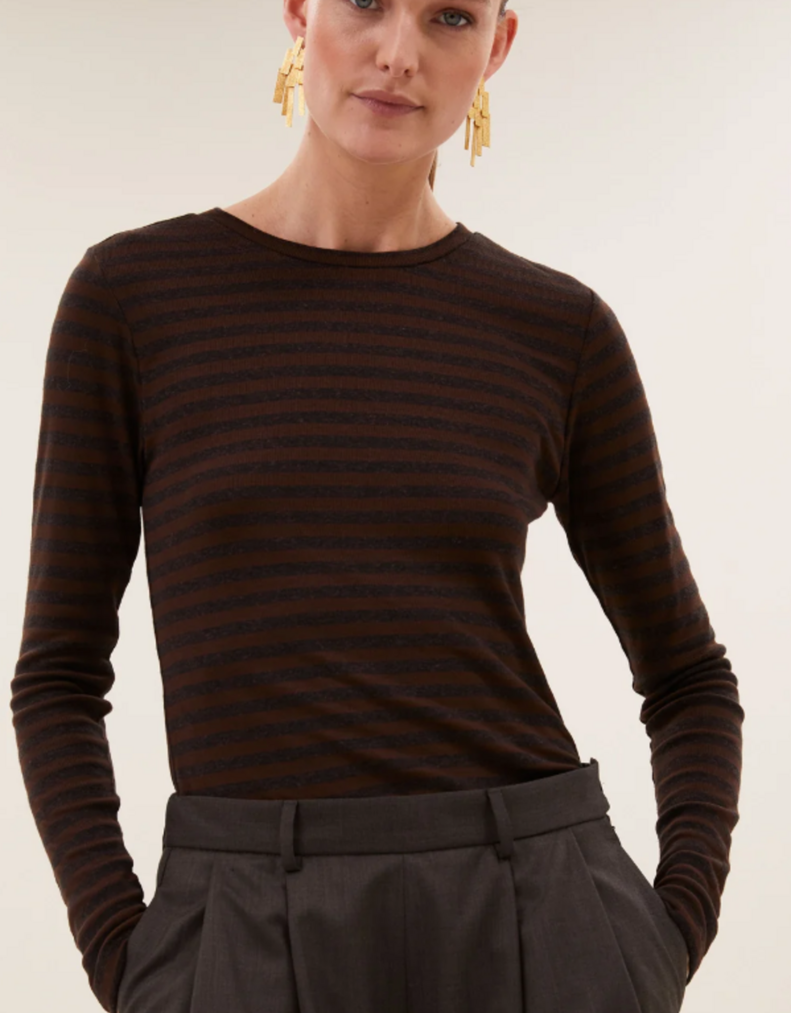 By Bar Basic LS Melange Stripe Top Coffee Bean