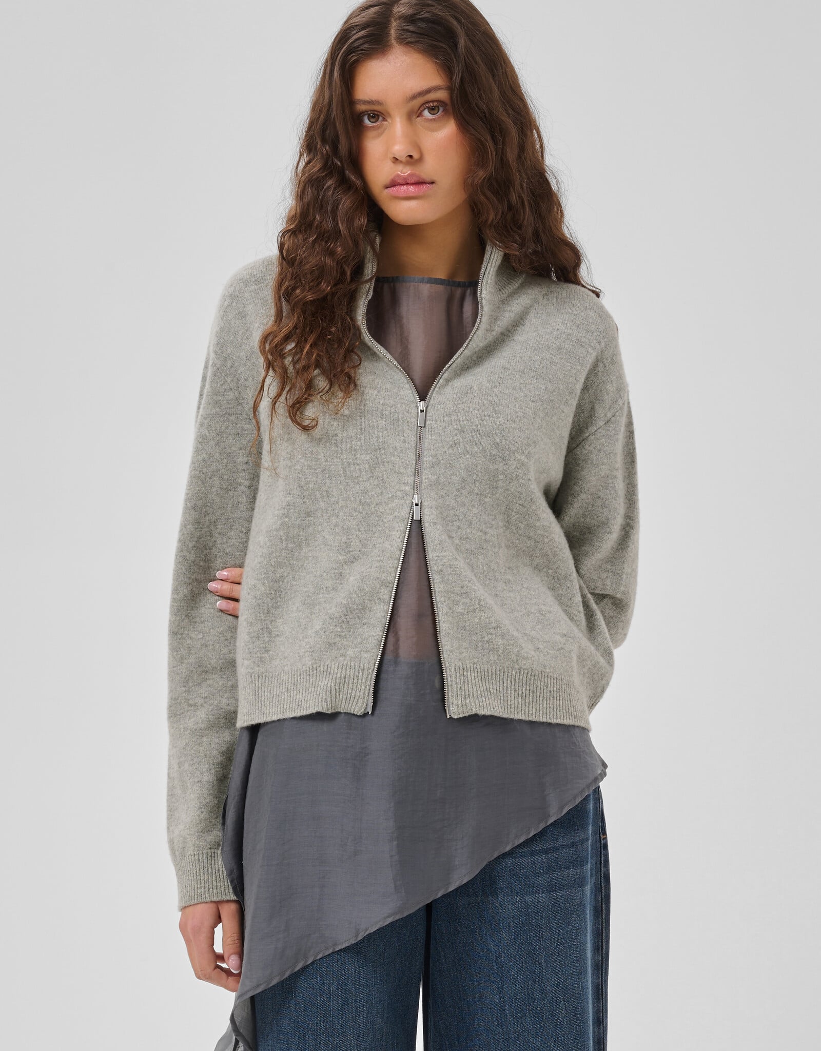 My Essential Wardrobe Tracy Knit Zip Cardigan Light Grey Melange