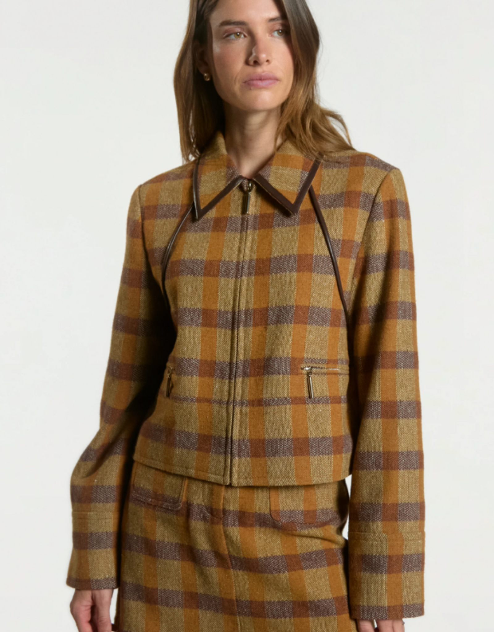 Aaiko Solin Brown Check Jacket Caramel