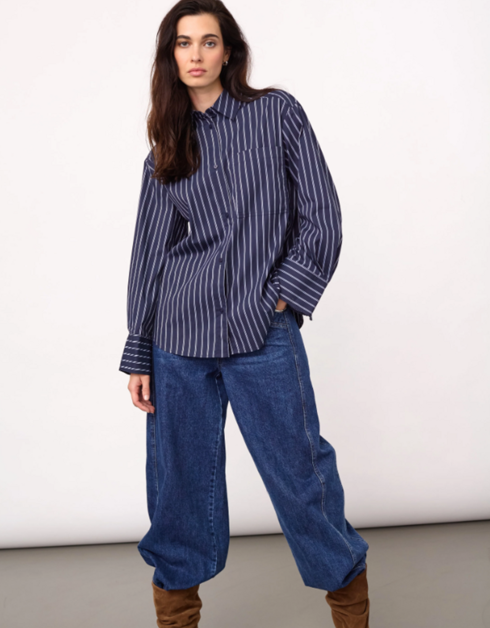 Co'Couture Somo Stripe Funnel Neck Shirt Navy