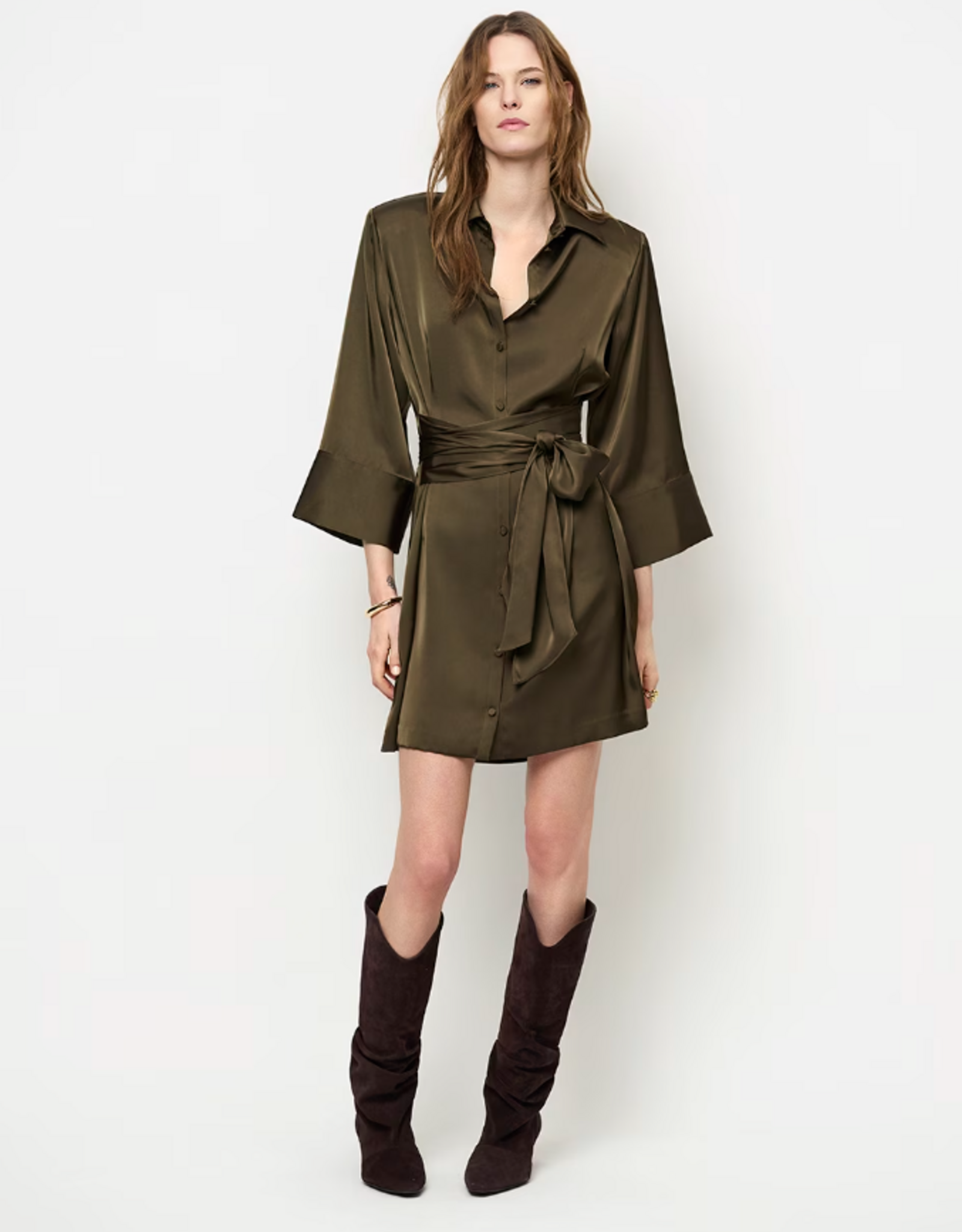 Dante 6 Noanne Satin Shirt - Wrap Dress Moss Olive
