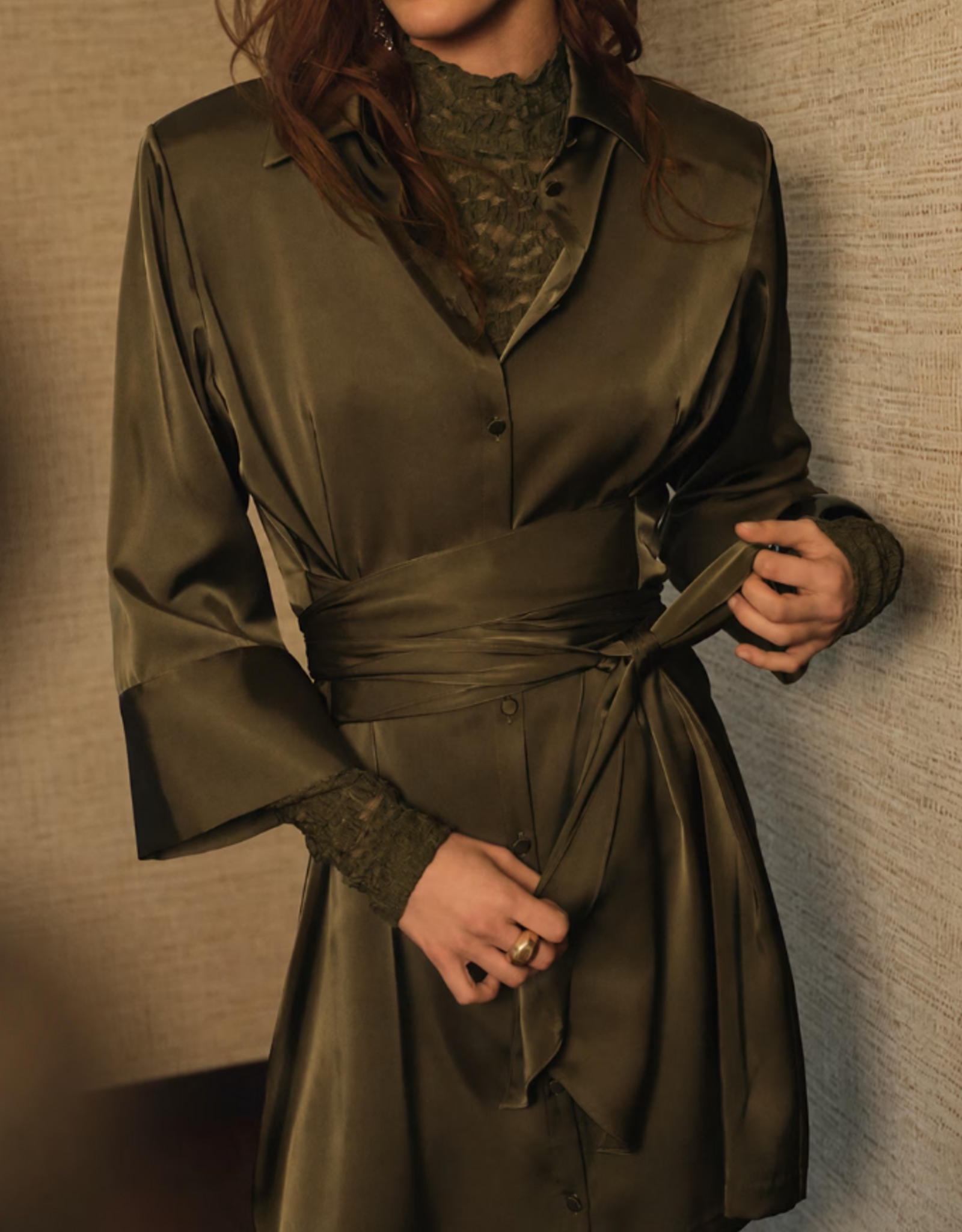 Dante 6 Noanne Satin Shirt - Wrap Dress Moss Olive