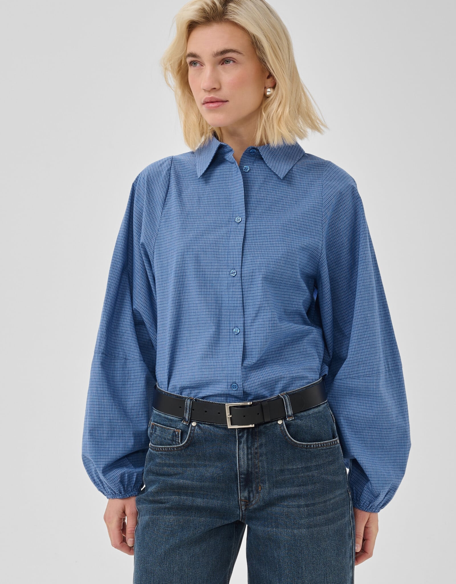 My Essential Wardrobe Ilse Balloon Sleeve Shirt Clear Blue Check