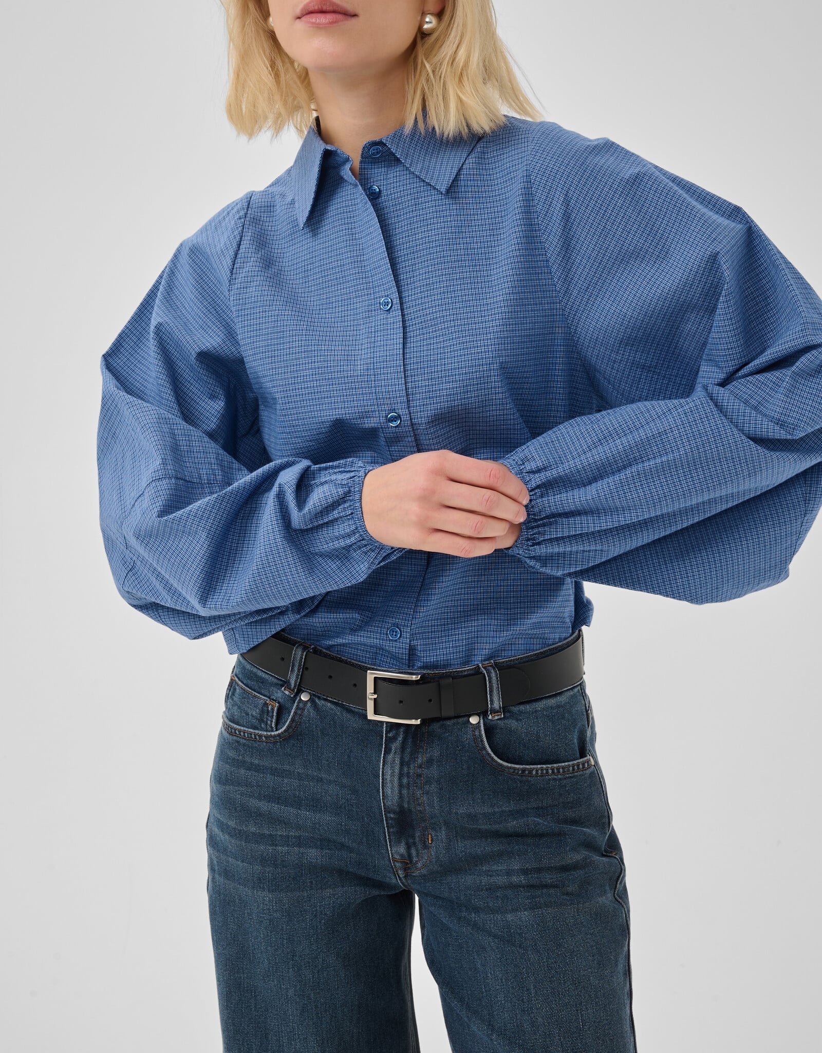 My Essential Wardrobe Ilse Balloon Sleeve Shirt Clear Blue Check