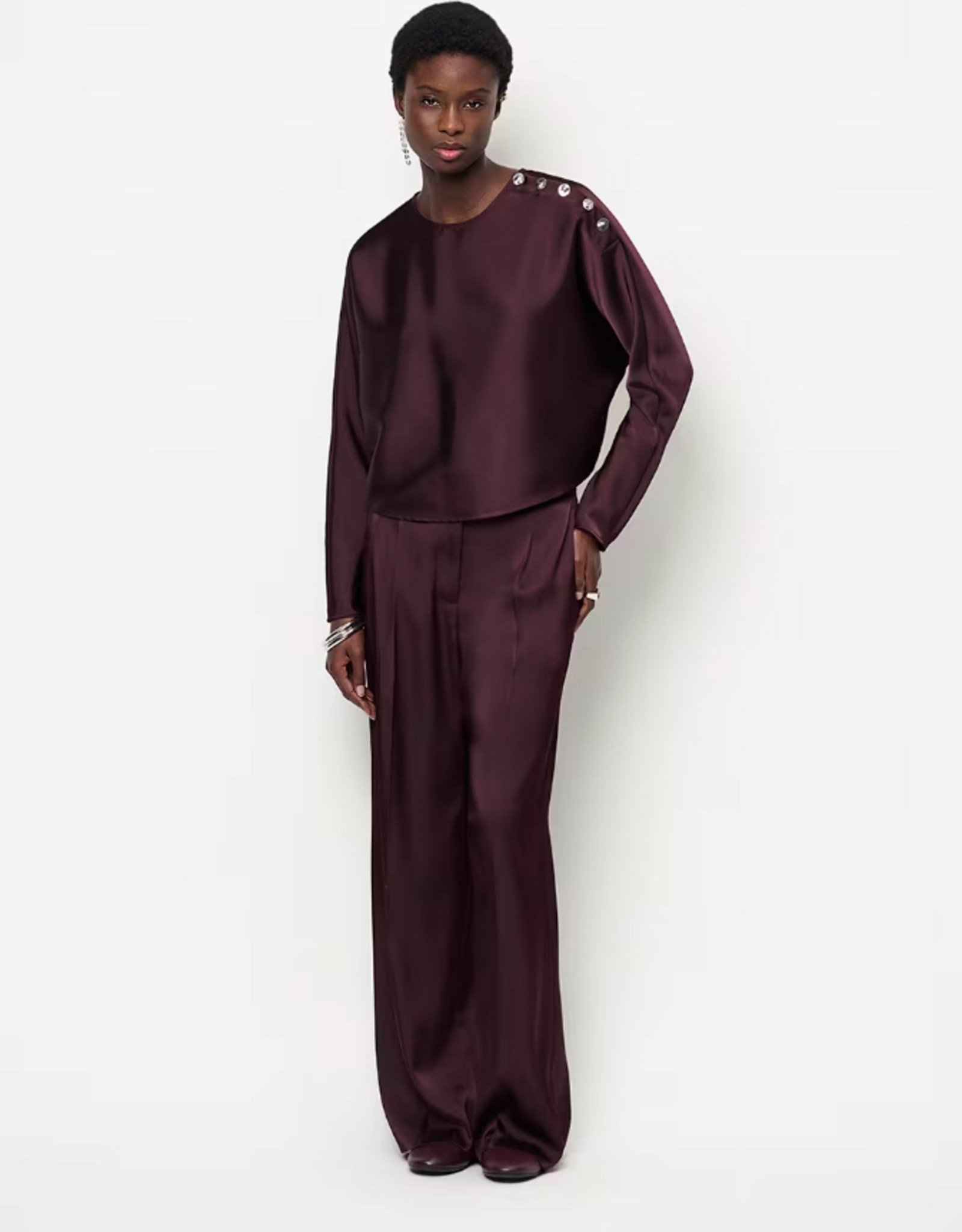 Dante 6 Leiva Bold Satin Button Detail Top Dark Plum
