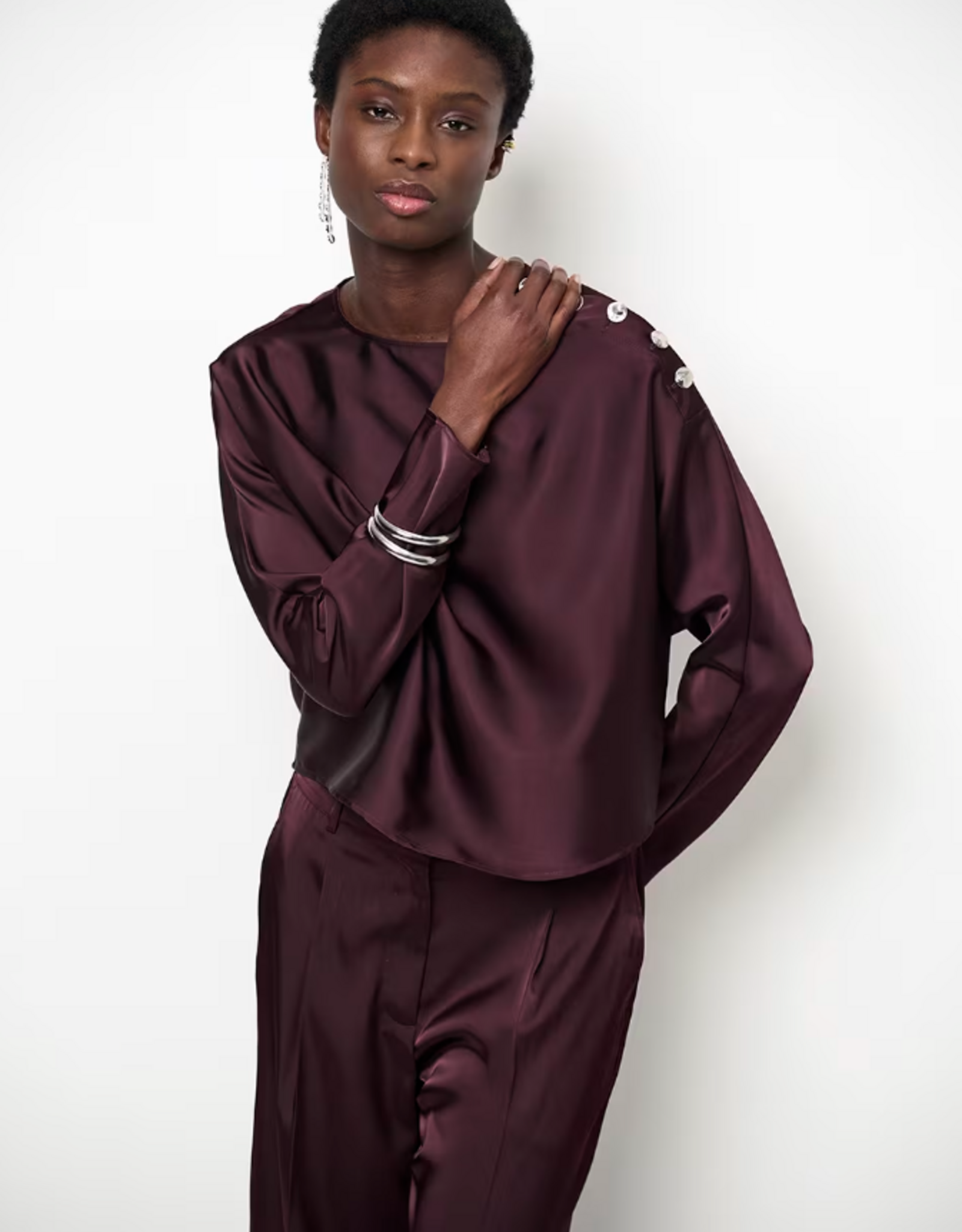Dante 6 Leiva Bold Satin Button Detail Top Dark Plum
