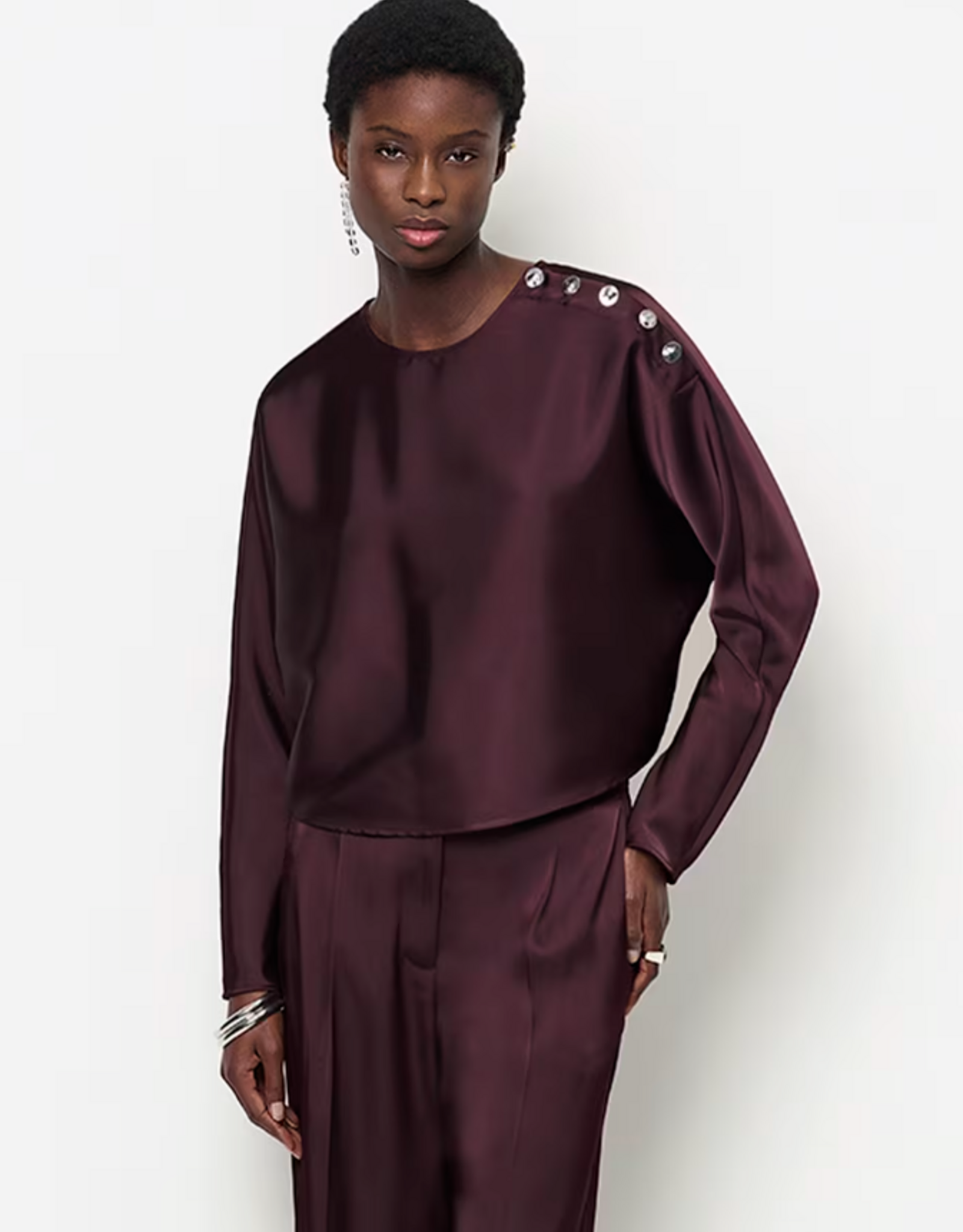 Dante 6 Leiva Bold Satin Button Detail Top Dark Plum