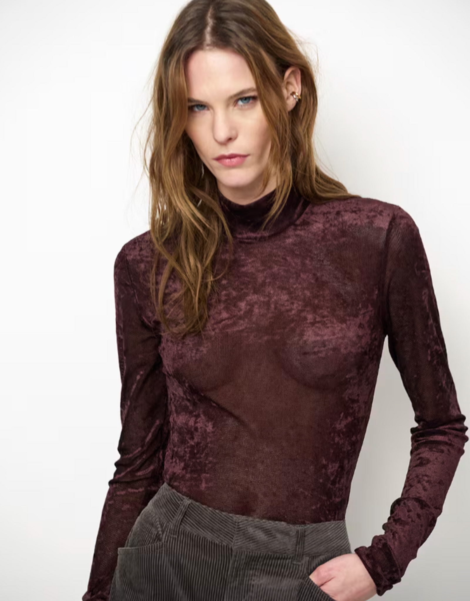 Dante 6 Olya Velvet Mesh Jersey Top Dark Plum