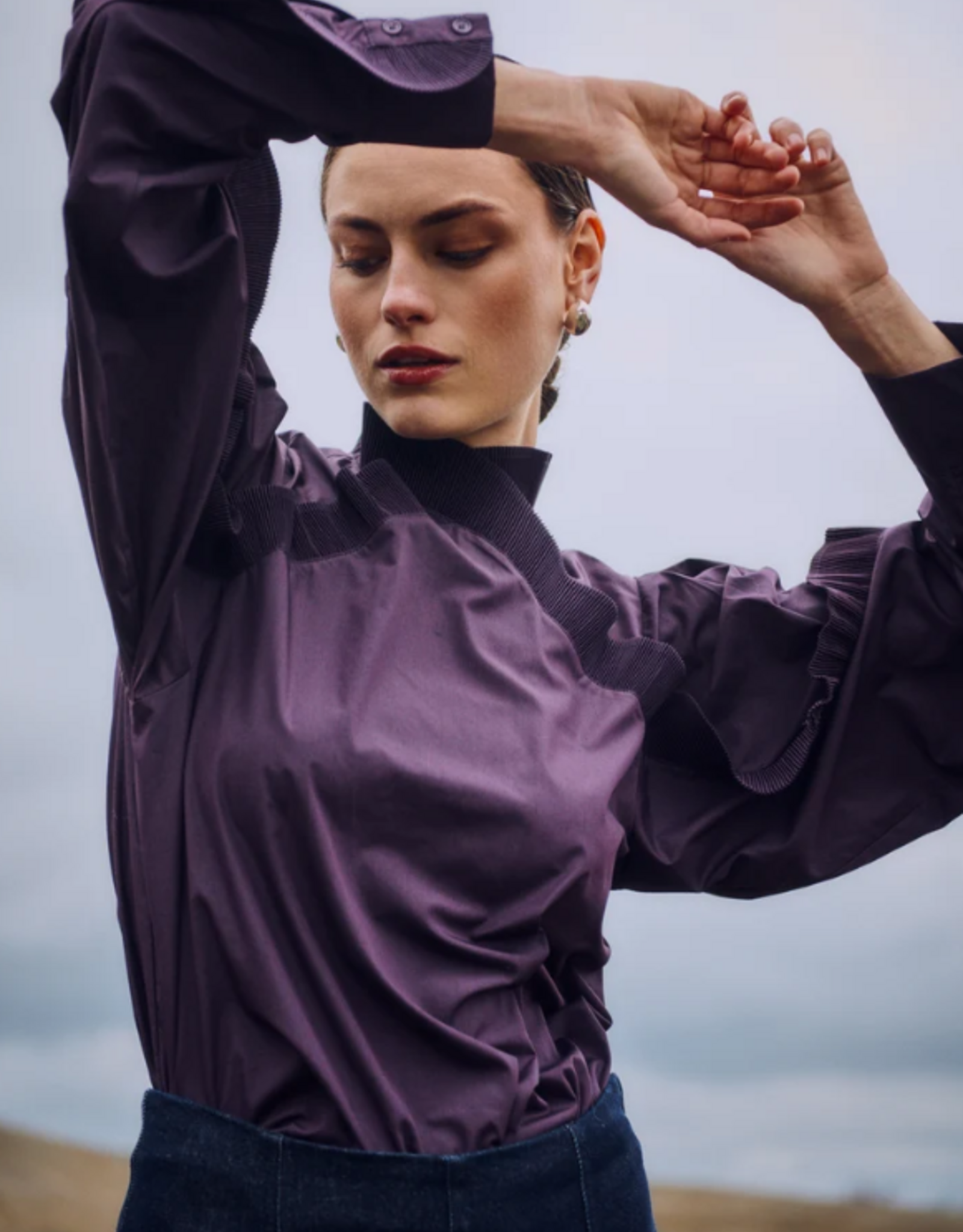 Cph Muse Pleat Frill Boxy Blouse Plum Perfect