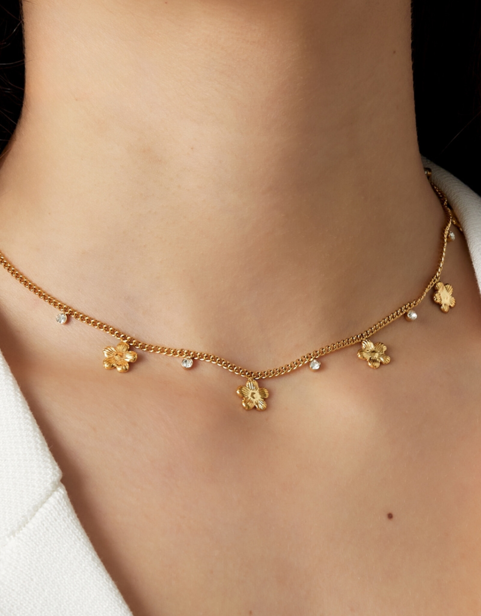 Ketting flower & stones goud