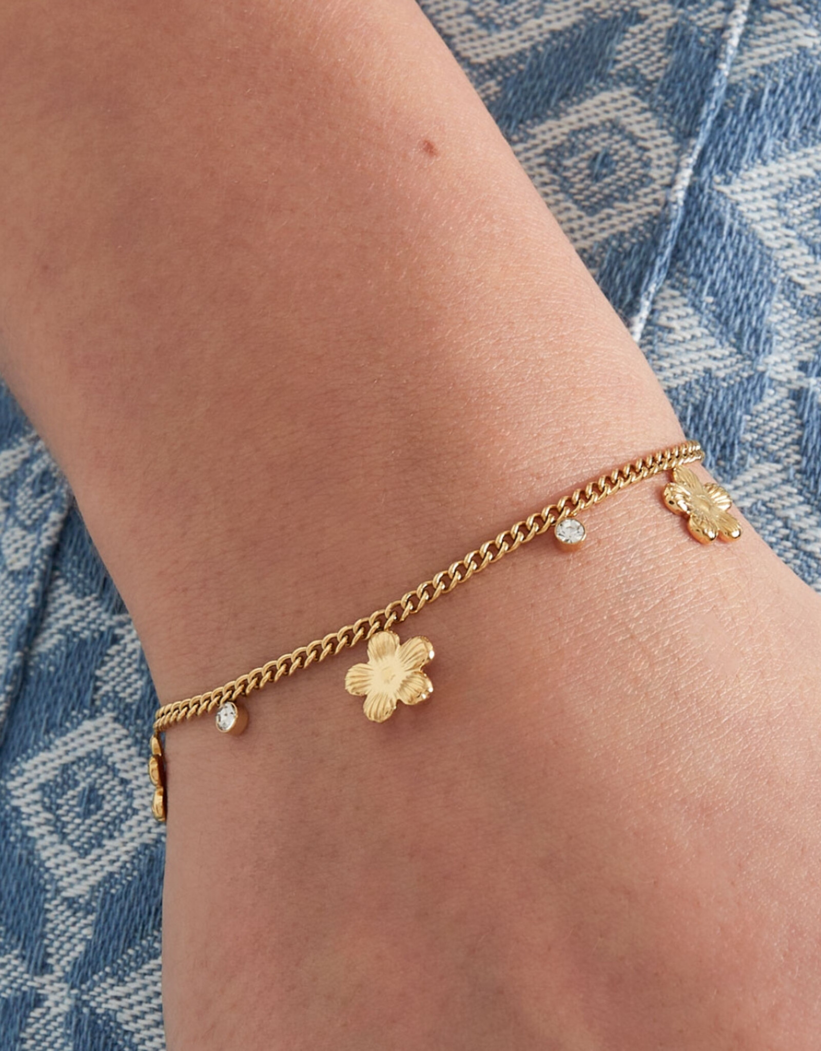 Armband flower & stone goud