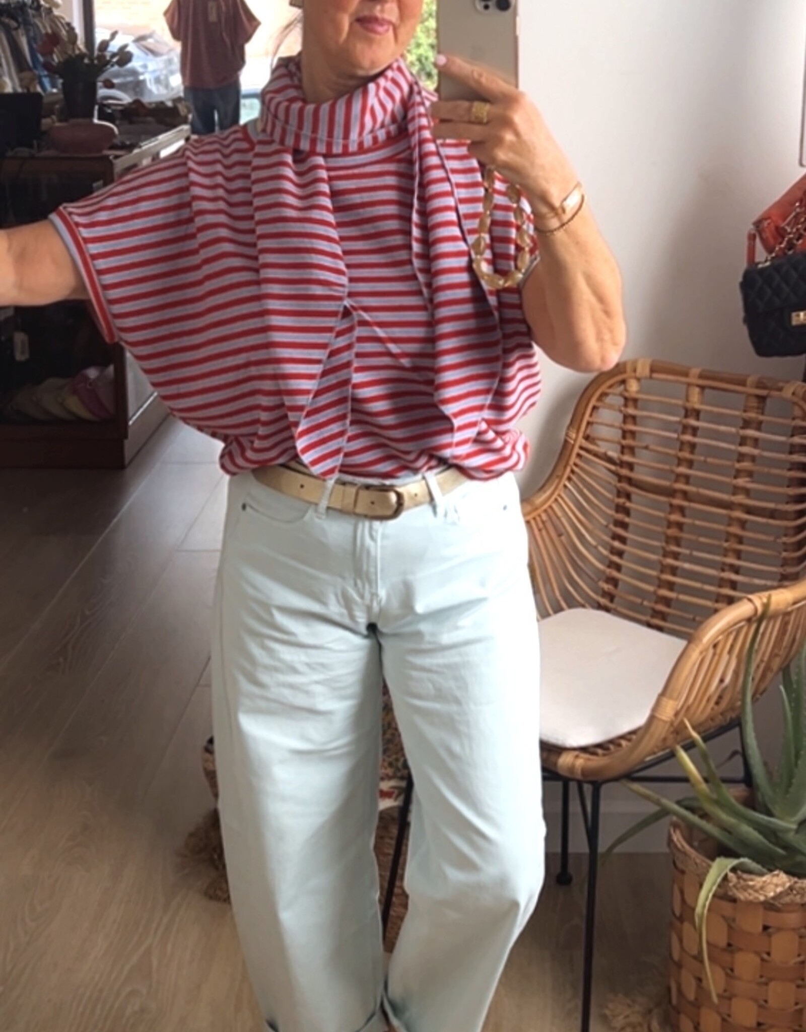 Sweater gestreept met sjaaltje lblauw/rood