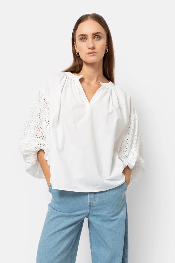 Âme | Islande Top with Embroidered Puff Sleeves | White Poplin