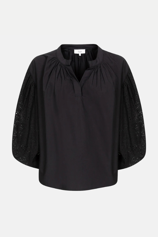 Âme | Islande Top with Embroidered Puff Sleeves | Black Poplin