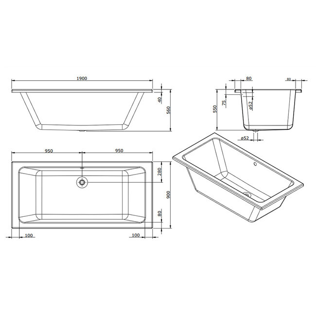 Aqualivo Onyx bubbelbad 190x90 met Premium whirlpool elektrisch wit