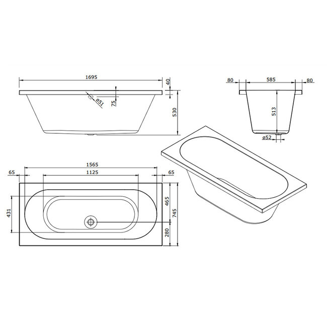 Aqualivo Sapphire bubbelbad 170x75 met Platinum whirlpool elektrisch wit