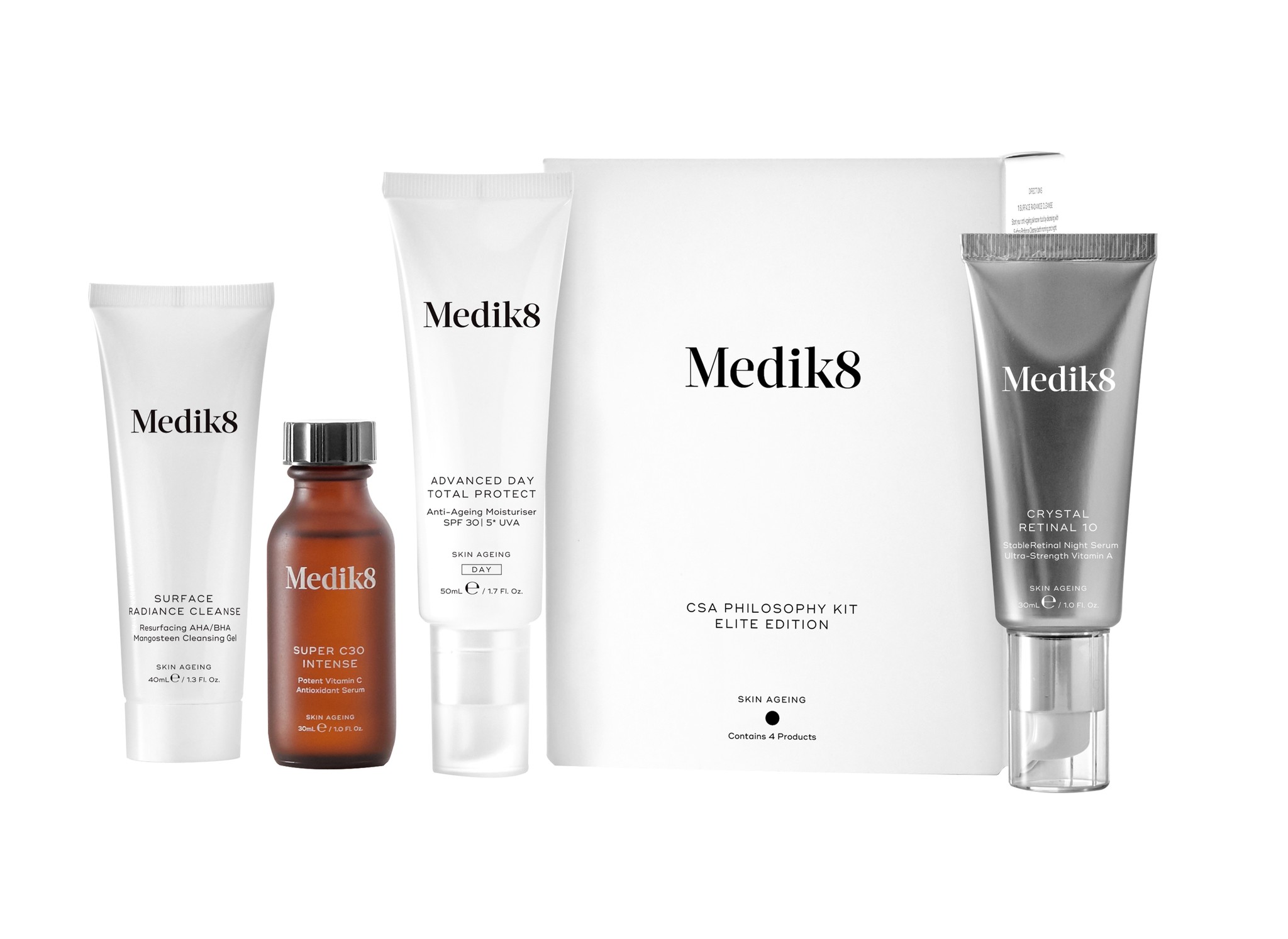 Medik8 Contains 4 products | Surface Radiance Cleanse, Super C30 Intense, Advanced Day Total Protect, Crystal Retinal 10