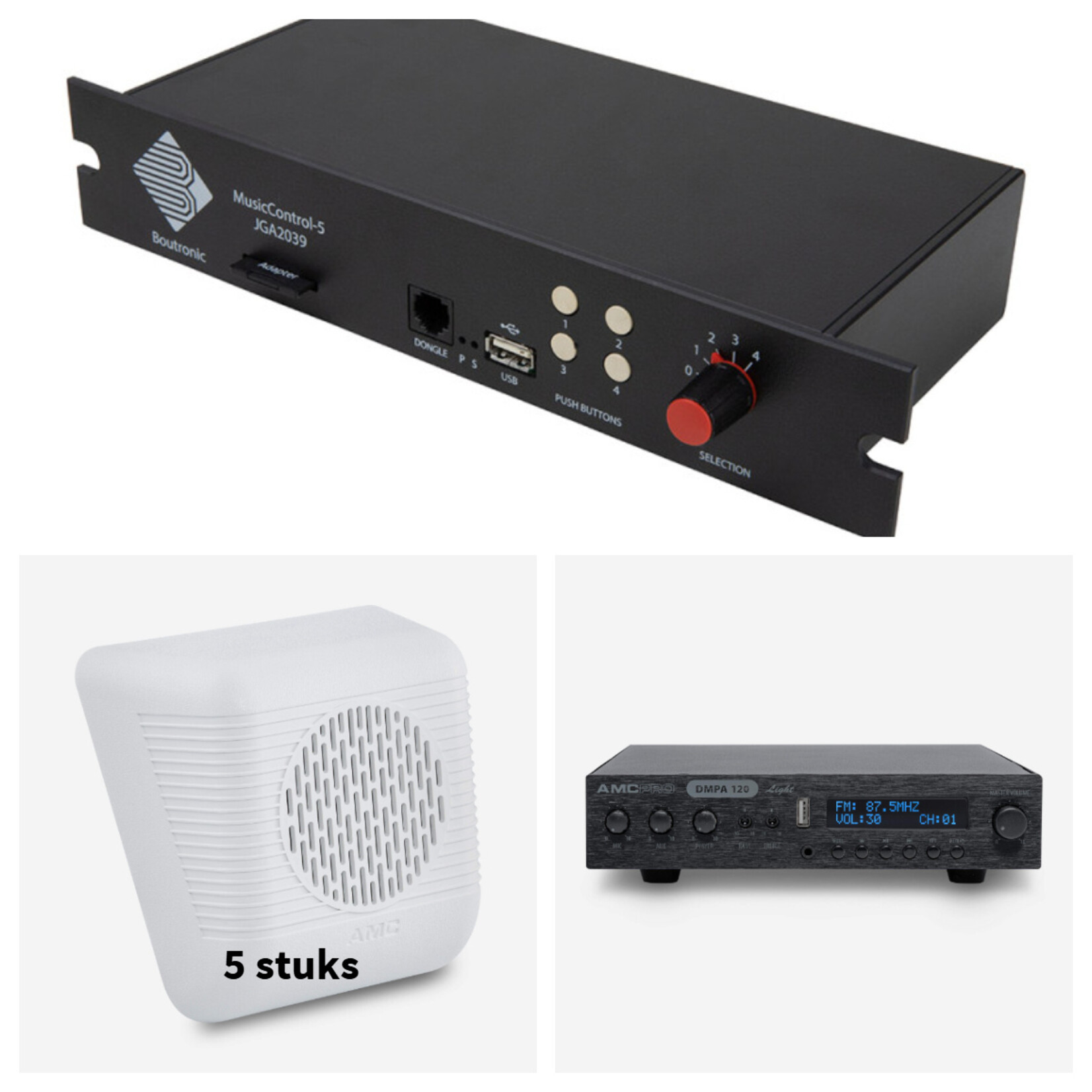 AMCPro Pauze-Alarm Pack S – 100V geluidsinstallatie met AMC DMPA60 & 5× W10