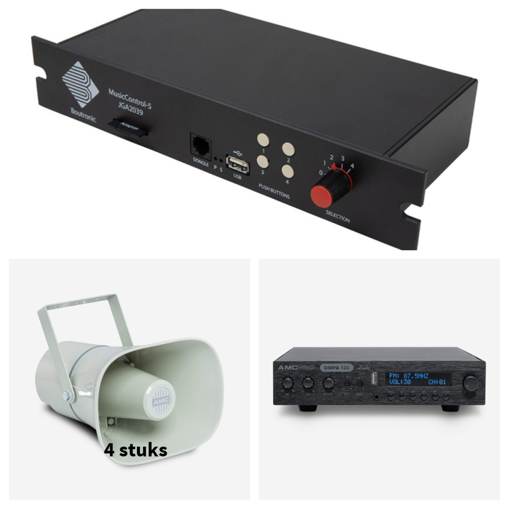 AMCPro Pauze-Alarm Pack Outdoor – 100V installatie met AMC DMPA60 & 4× HQ10 (IP66)