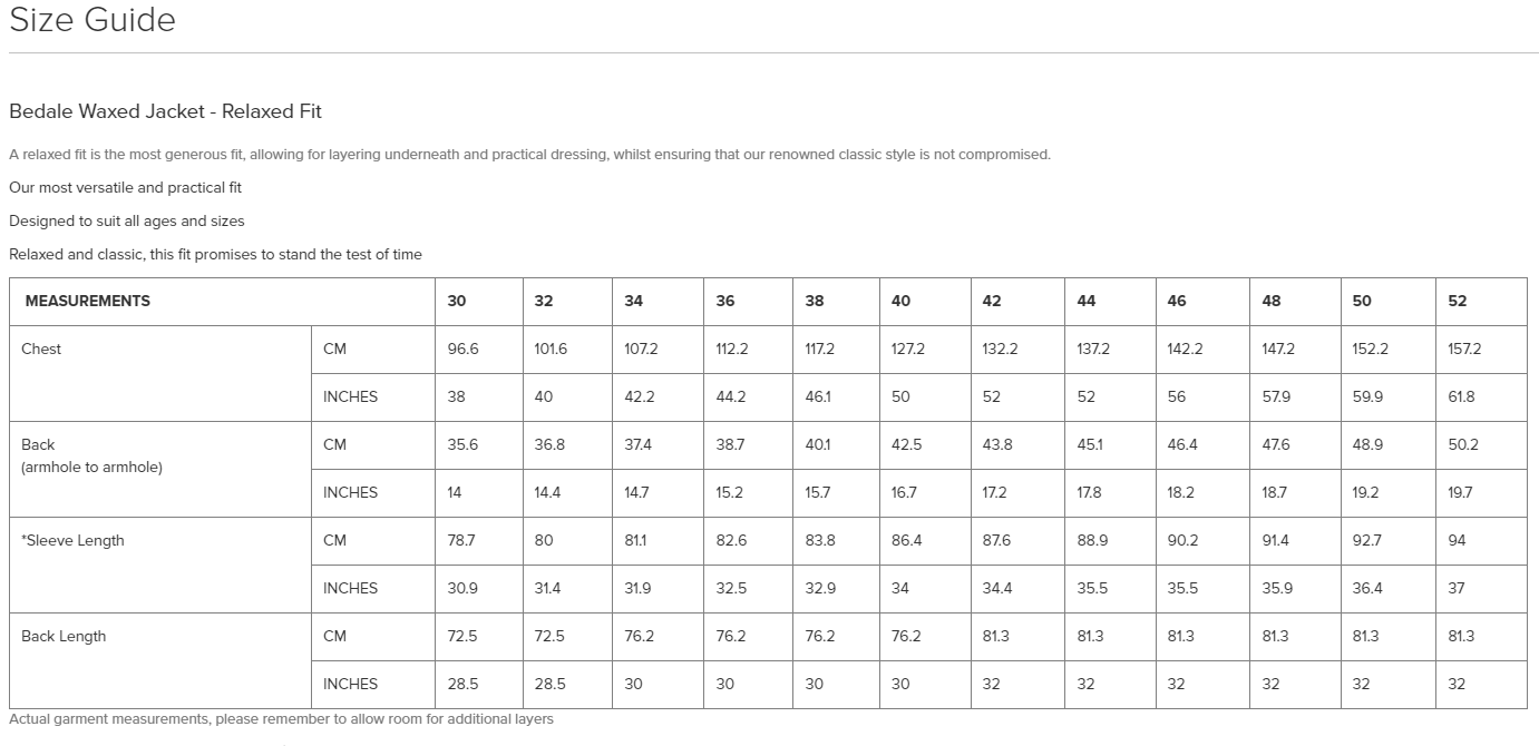 Size Chart Bedale 