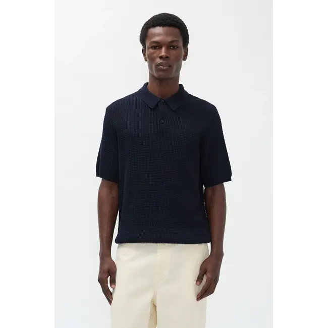 Norse Projects Anholt Cotton Crepe Polo - Dark Navy