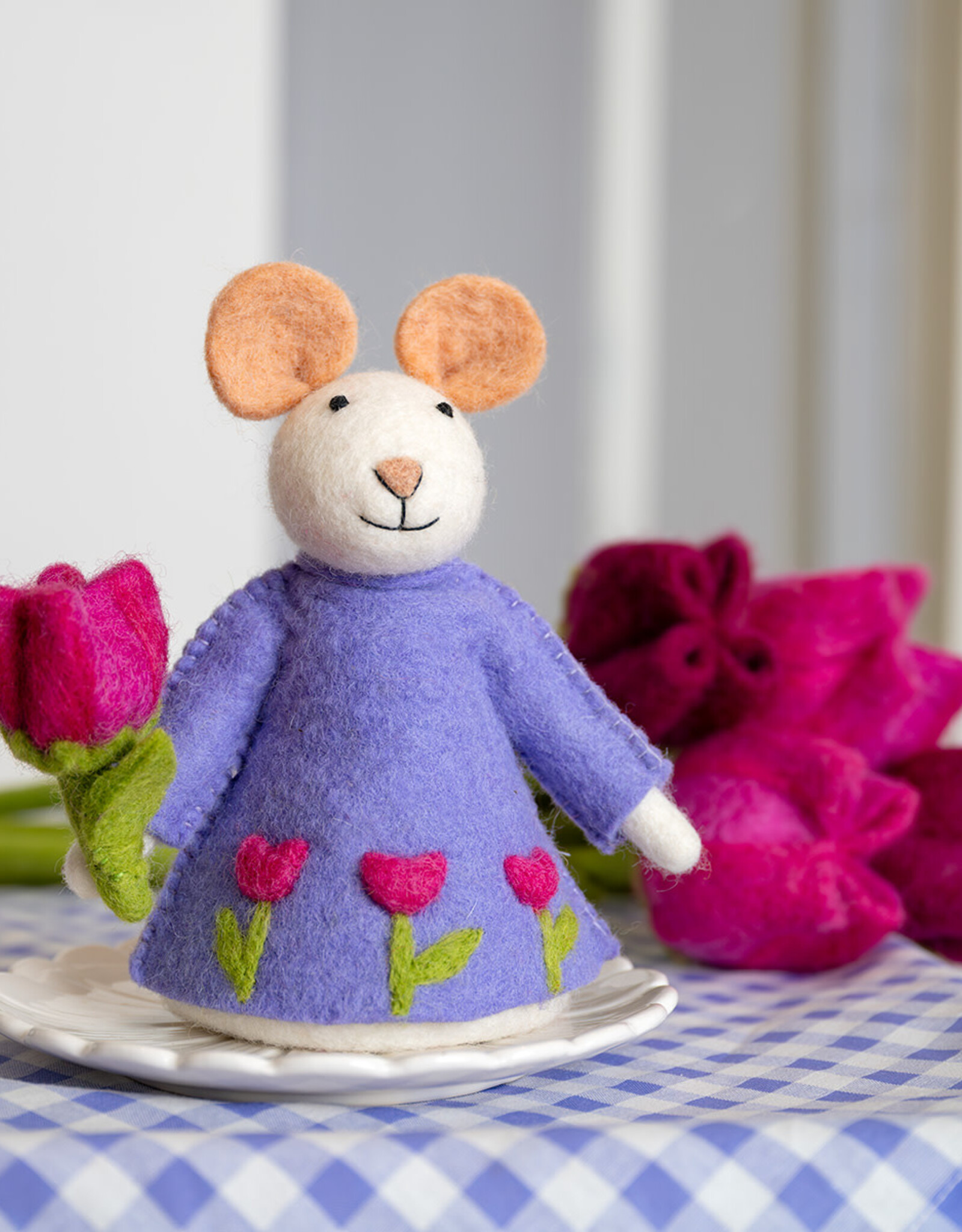 Sjaal met Verhaal Muis met tulp fuchsia