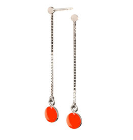 Scherning Oorstud met ketting SPOT - Emaille lak schijfje : Neon oranje - Lengte 40mm, Ø 6cm - Zilver