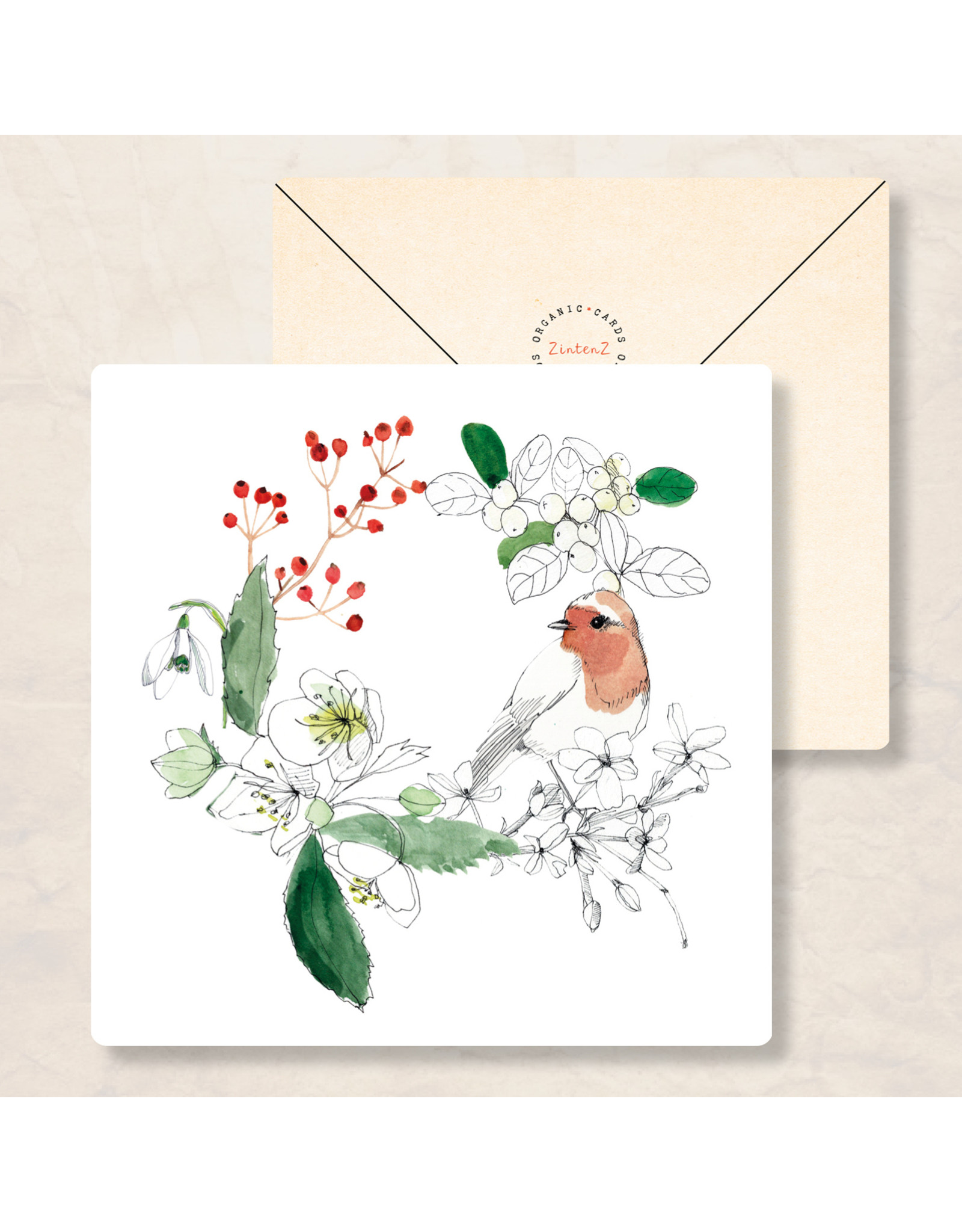 Zintenz Wenskaarten - Kerst - Pakketje 4st - Vogel - Postkaart + envelop - Blanco - 13,5x13,5