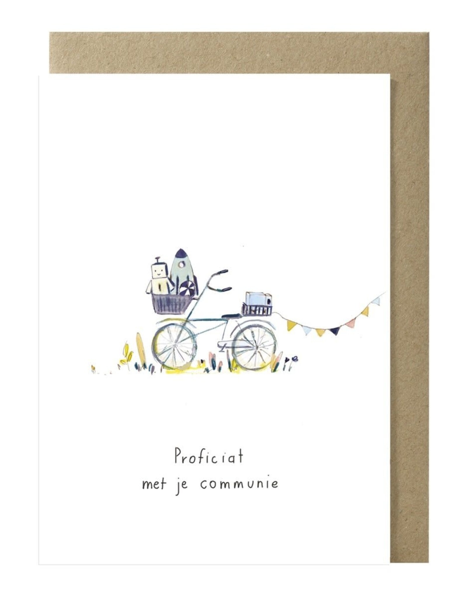 Papette Wenskaart - Proficiat met je Communie, Blauwe fiets - Dubbele kaart + Envelop