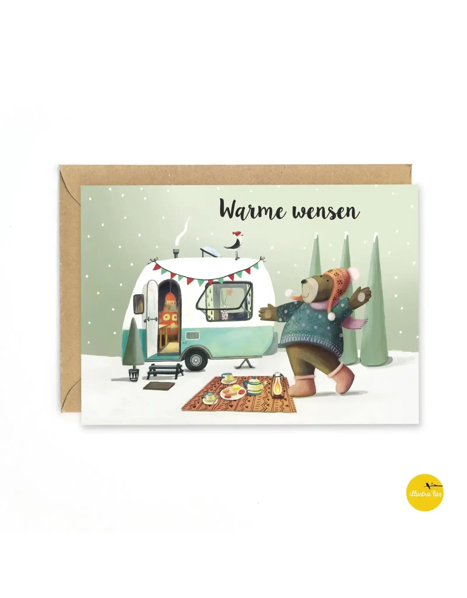 illustra'lies Wenskaart - Kerst - Caravan Beer - Dubbele kaart + Envelop